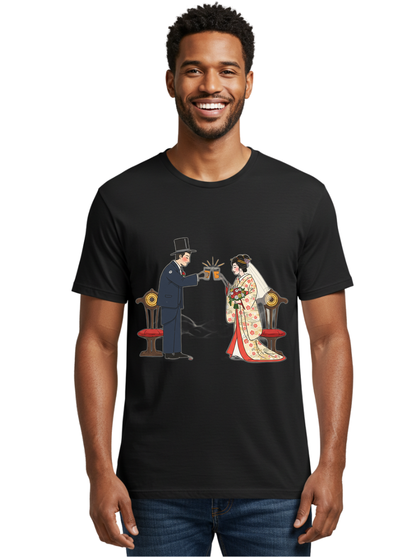 Bride-And-Groom-Cheers Men'S Graphic Tee, 100% Cotton, Comfortable Casual Summer Wear, Machine Washable, Bride In Traditional Kimono, Groom In Top Hat And Suit, Toast With Beer Glasses, Wedding Ceremony, Traditional Japanese Wedding, Baa220
