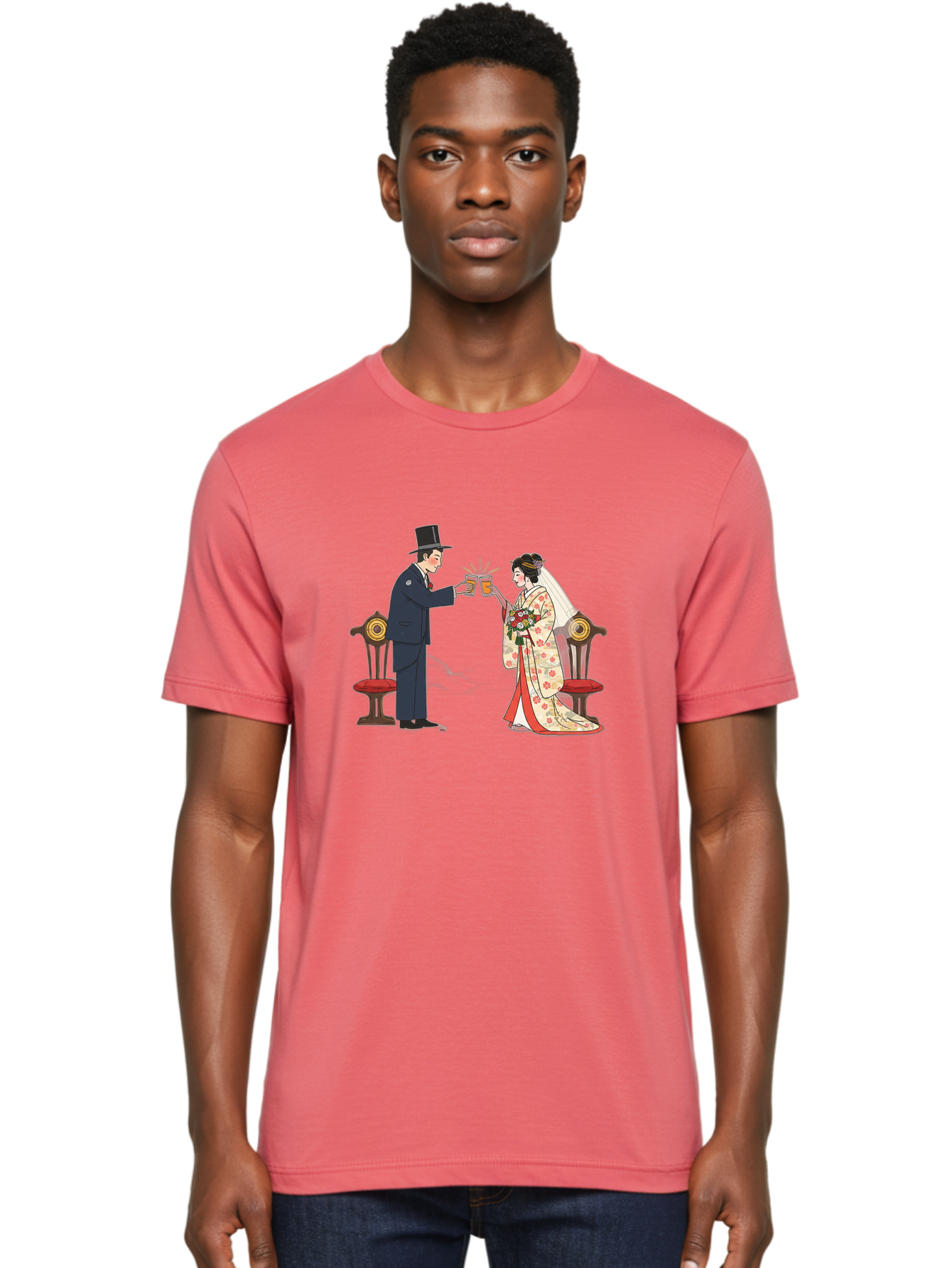 Bride-And-Groom-Cheers Men'S Graphic Tee, 100% Cotton, Comfortable Casual Summer Wear, Machine Washable, Bride In Traditional Kimono, Groom In Top Hat And Suit, Toast With Beer Glasses, Wedding Ceremony, Traditional Japanese Wedding, Baa220