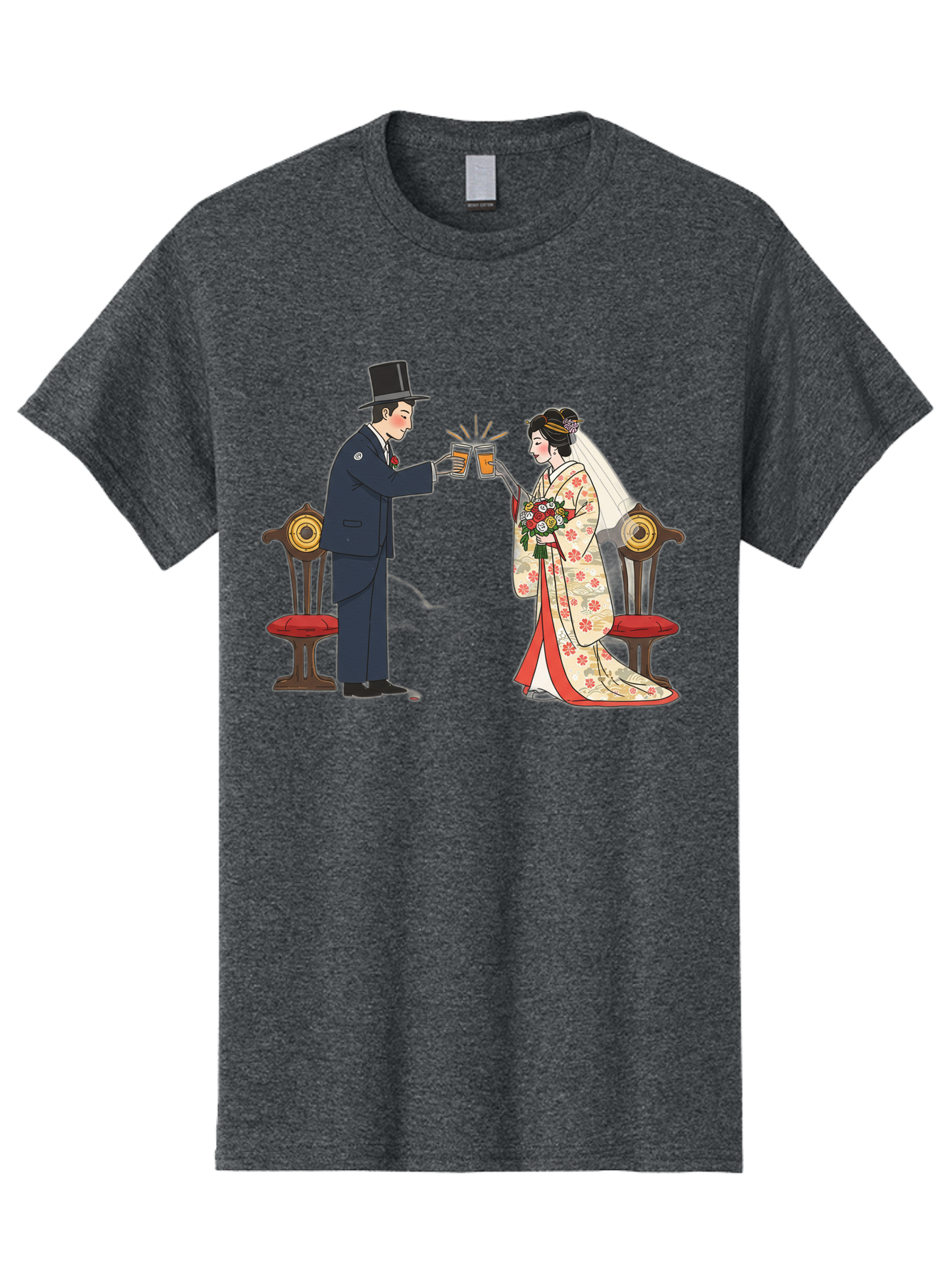 Bride-And-Groom-Cheers Men'S Graphic Tee, 100% Cotton, Comfortable Casual Summer Wear, Machine Washable, Bride In Traditional Kimono, Groom In Top Hat And Suit, Toast With Beer Glasses, Wedding Ceremony, Traditional Japanese Wedding, Baa220