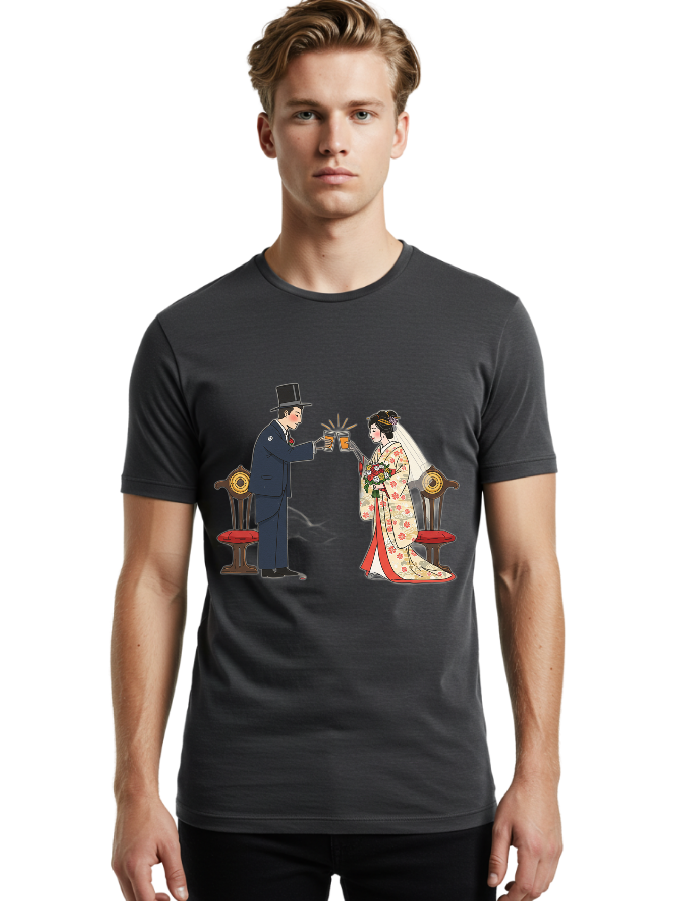 Bride-And-Groom-Cheers Men'S Graphic Tee, 100% Cotton, Comfortable Casual Summer Wear, Machine Washable, Bride In Traditional Kimono, Groom In Top Hat And Suit, Toast With Beer Glasses, Wedding Ceremony, Traditional Japanese Wedding, Baa220