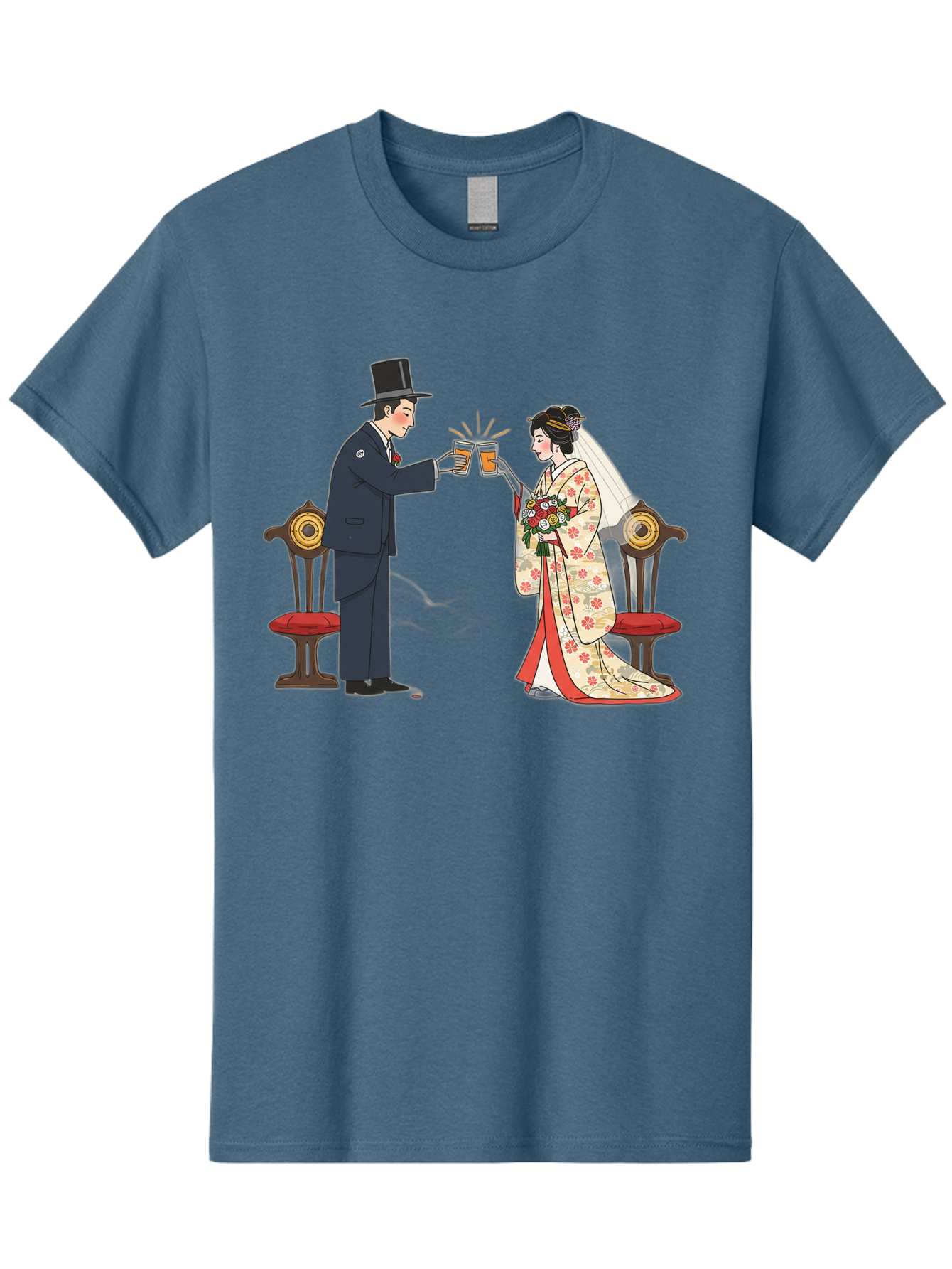 Bride-And-Groom-Cheers Men'S Graphic Tee, 100% Cotton, Comfortable Casual Summer Wear, Machine Washable, Bride In Traditional Kimono, Groom In Top Hat And Suit, Toast With Beer Glasses, Wedding Ceremony, Traditional Japanese Wedding, Baa220