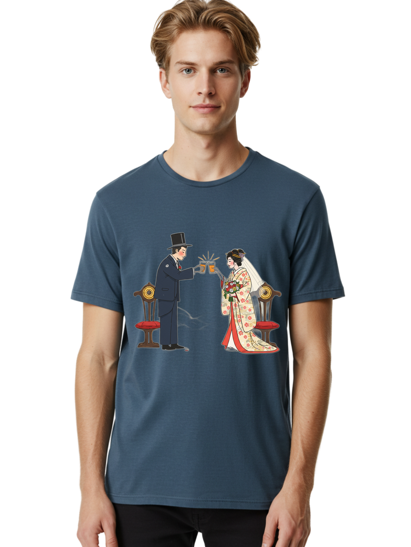 Bride-And-Groom-Cheers Men'S Graphic Tee, 100% Cotton, Comfortable Casual Summer Wear, Machine Washable, Bride In Traditional Kimono, Groom In Top Hat And Suit, Toast With Beer Glasses, Wedding Ceremony, Traditional Japanese Wedding, Baa220