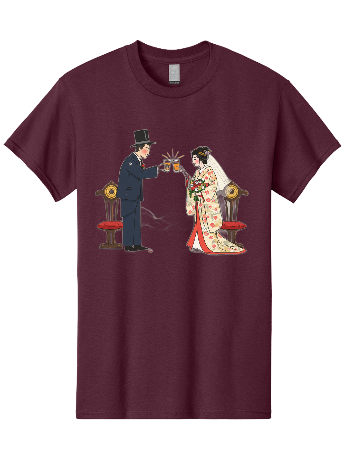 Bride-And-Groom-Cheers Men'S Graphic Tee, 100% Cotton, Comfortable Casual Summer Wear, Machine Washable, Bride In Traditional Kimono, Groom In Top Hat And Suit, Toast With Beer Glasses, Wedding Ceremony, Traditional Japanese Wedding, Baa220