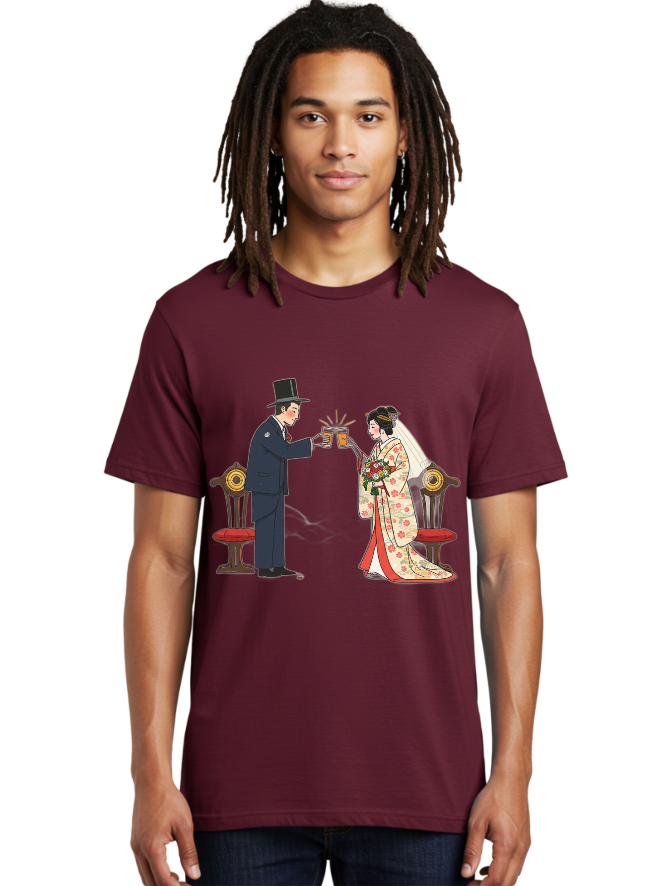 Bride-And-Groom-Cheers Men'S Graphic Tee, 100% Cotton, Comfortable Casual Summer Wear, Machine Washable, Bride In Traditional Kimono, Groom In Top Hat And Suit, Toast With Beer Glasses, Wedding Ceremony, Traditional Japanese Wedding, Baa220