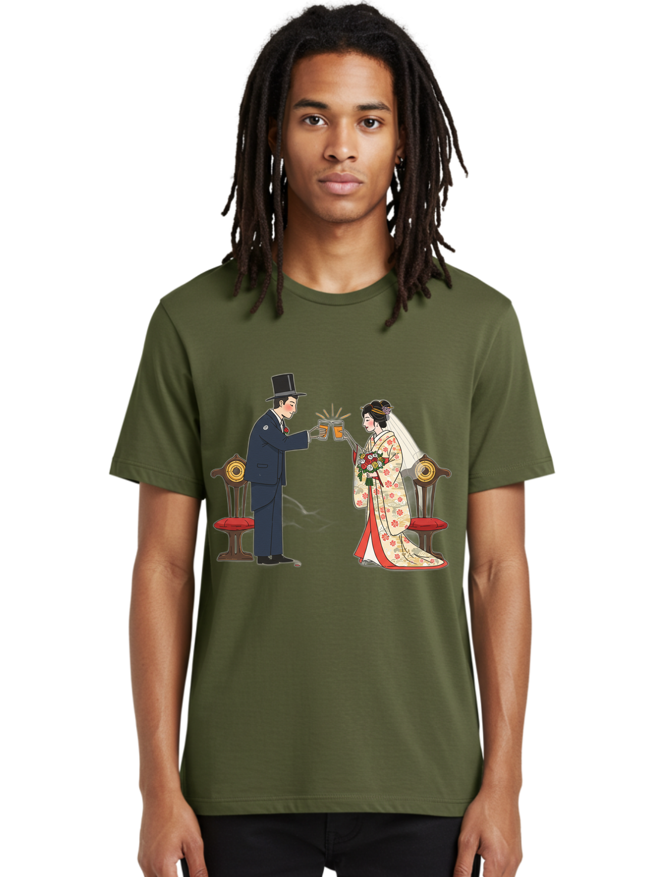 Bride-And-Groom-Cheers Men'S Graphic Tee, 100% Cotton, Comfortable Casual Summer Wear, Machine Washable, Bride In Traditional Kimono, Groom In Top Hat And Suit, Toast With Beer Glasses, Wedding Ceremony, Traditional Japanese Wedding, Baa220