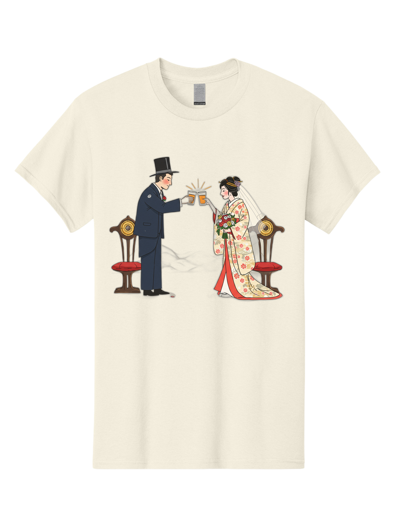 Bride-And-Groom-Cheers Men'S Graphic Tee, 100% Cotton, Comfortable Casual Summer Wear, Machine Washable, Bride In Traditional Kimono, Groom In Top Hat And Suit, Toast With Beer Glasses, Wedding Ceremony, Traditional Japanese Wedding, Baa220