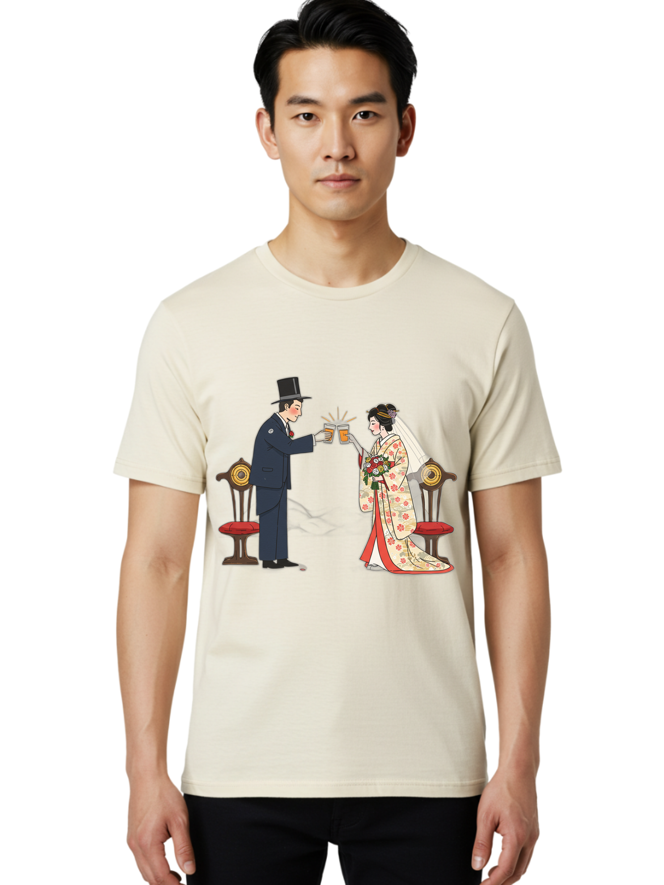 Bride-And-Groom-Cheers Men'S Graphic Tee, 100% Cotton, Comfortable Casual Summer Wear, Machine Washable, Bride In Traditional Kimono, Groom In Top Hat And Suit, Toast With Beer Glasses, Wedding Ceremony, Traditional Japanese Wedding, Baa220