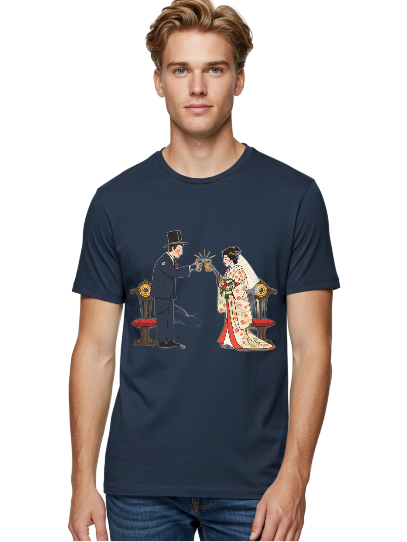 Bride-And-Groom-Cheers Men'S Graphic Tee, 100% Cotton, Comfortable Casual Summer Wear, Machine Washable, Bride In Traditional Kimono, Groom In Top Hat And Suit, Toast With Beer Glasses, Wedding Ceremony, Traditional Japanese Wedding, Baa220