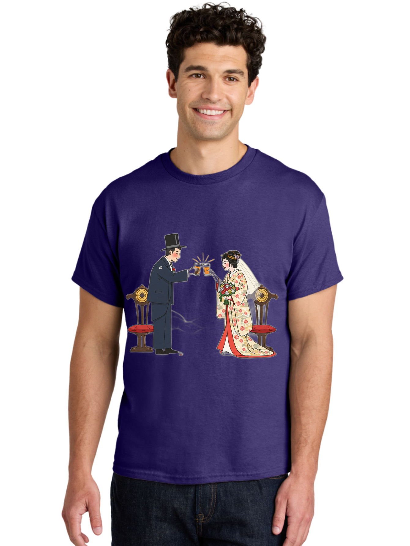 Bride-And-Groom-Cheers Men'S Graphic Tee, 100% Cotton, Comfortable Casual Summer Wear, Machine Washable, Bride In Traditional Kimono, Groom In Top Hat And Suit, Toast With Beer Glasses, Wedding Ceremony, Traditional Japanese Wedding, Baa220