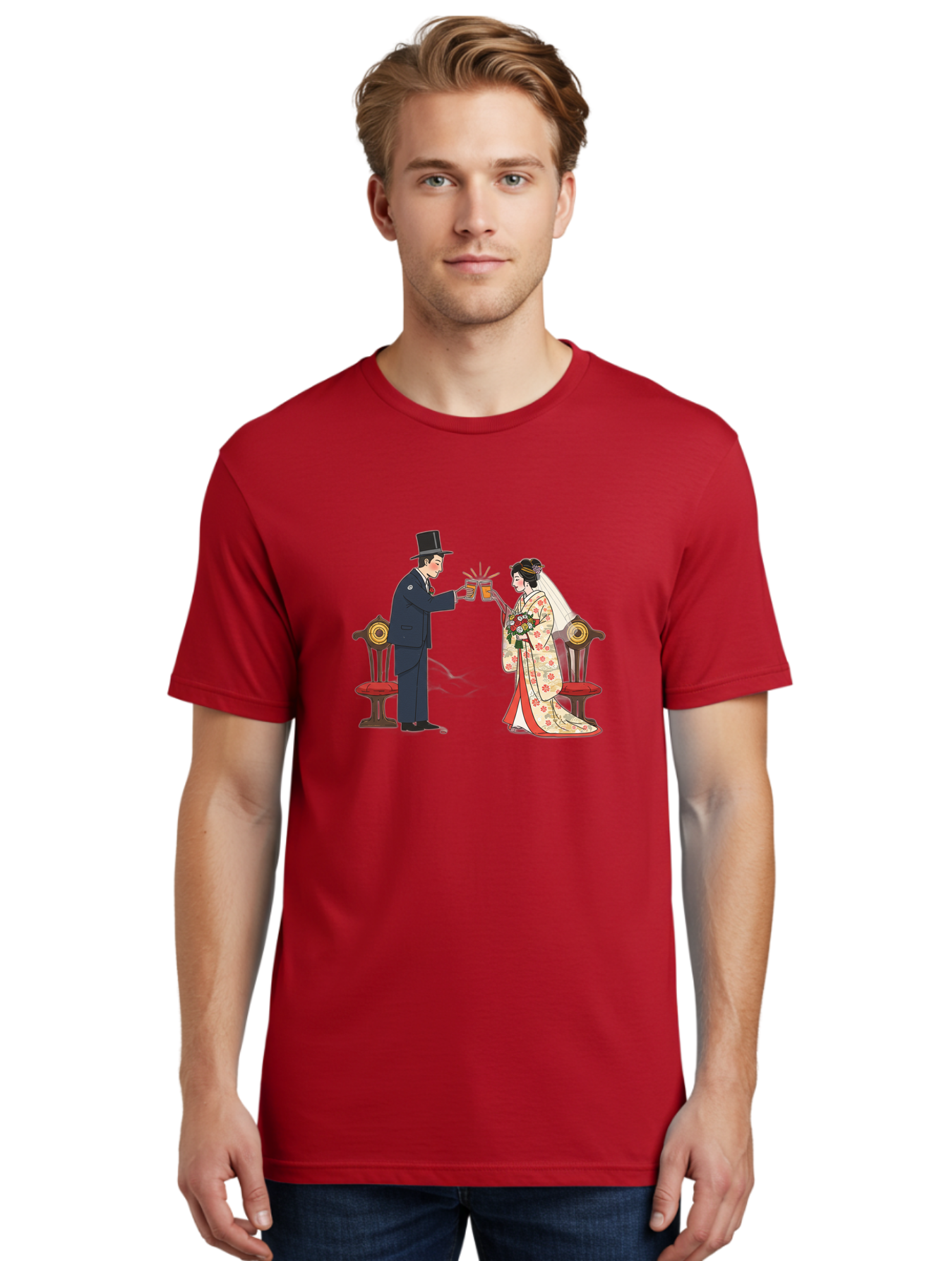 Bride-And-Groom-Cheers Men'S Graphic Tee, 100% Cotton, Comfortable Casual Summer Wear, Machine Washable, Bride In Traditional Kimono, Groom In Top Hat And Suit, Toast With Beer Glasses, Wedding Ceremony, Traditional Japanese Wedding, Baa220