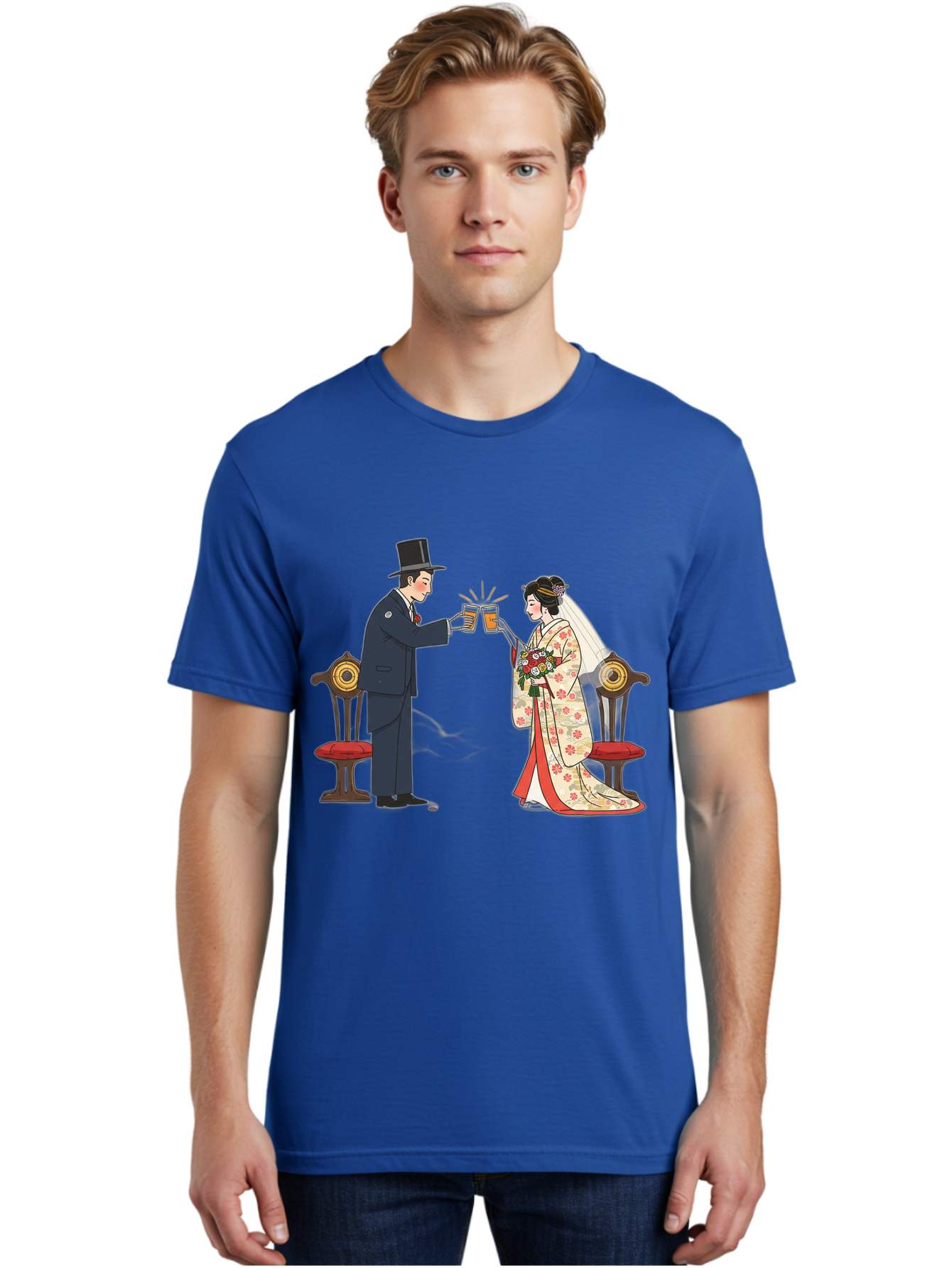 Bride-And-Groom-Cheers Men'S Graphic Tee, 100% Cotton, Comfortable Casual Summer Wear, Machine Washable, Bride In Traditional Kimono, Groom In Top Hat And Suit, Toast With Beer Glasses, Wedding Ceremony, Traditional Japanese Wedding, Baa220