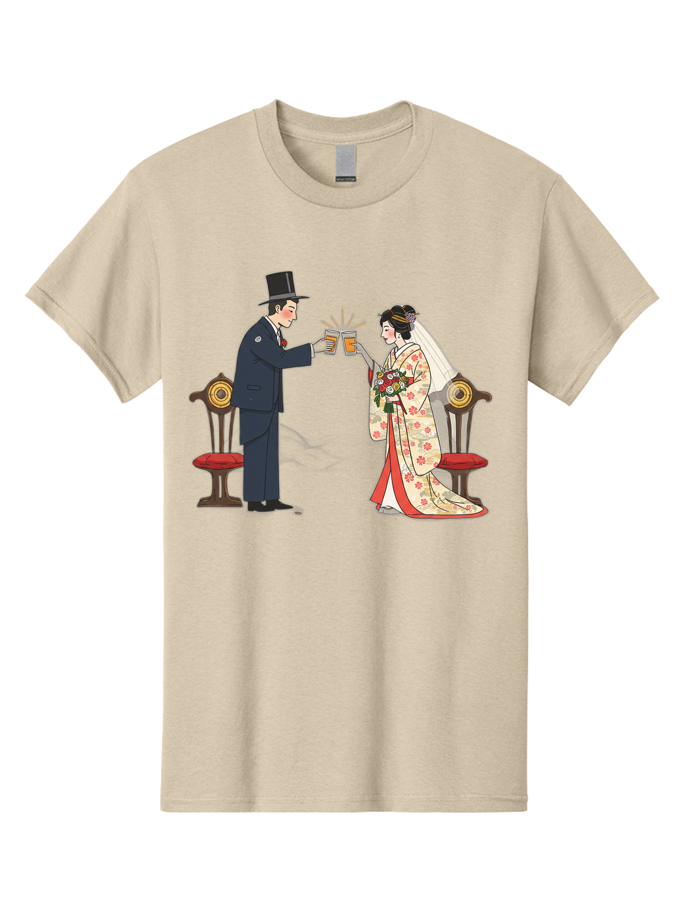 Bride-And-Groom-Cheers Men'S Graphic Tee, 100% Cotton, Comfortable Casual Summer Wear, Machine Washable, Bride In Traditional Kimono, Groom In Top Hat And Suit, Toast With Beer Glasses, Wedding Ceremony, Traditional Japanese Wedding, Baa220