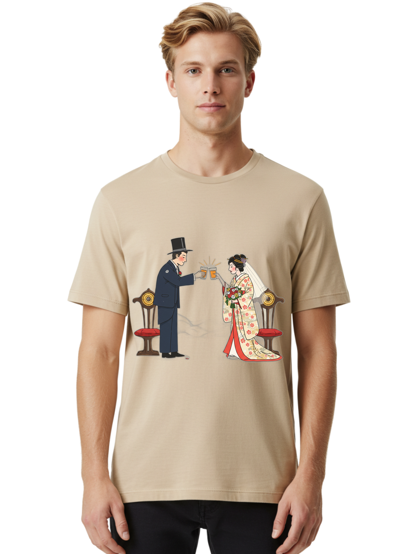 Bride-And-Groom-Cheers Men'S Graphic Tee, 100% Cotton, Comfortable Casual Summer Wear, Machine Washable, Bride In Traditional Kimono, Groom In Top Hat And Suit, Toast With Beer Glasses, Wedding Ceremony, Traditional Japanese Wedding, Baa220