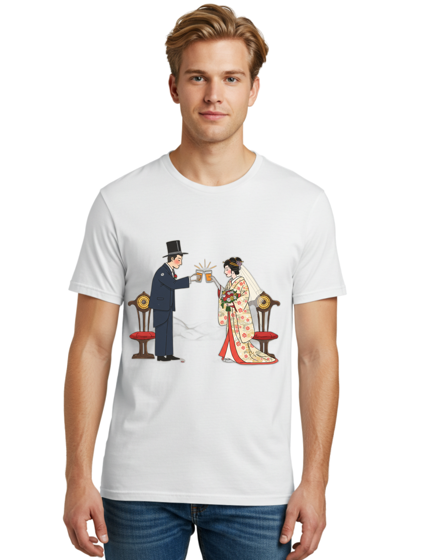 Bride-And-Groom-Cheers Men'S Graphic Tee, 100% Cotton, Comfortable Casual Summer Wear, Machine Washable, Bride In Traditional Kimono, Groom In Top Hat And Suit, Toast With Beer Glasses, Wedding Ceremony, Traditional Japanese Wedding, Baa220