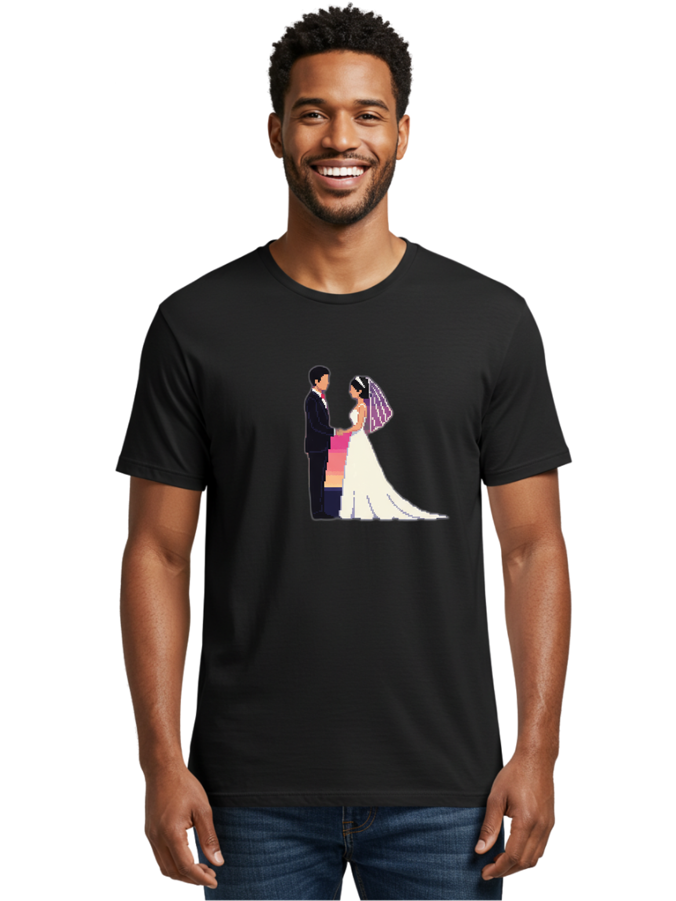 Bride-And-Groom Men'S Graphic Tee, 100% Cotton, Comfortable Casual Summer Wear, Machine Washable, Bride And Groom, Wedding Couple, Love, Romance, Happy Marriage, Newlyweds, Wedding Illustration, Cartoon Couple, Holding Hands, Wedding Dress, Baa221