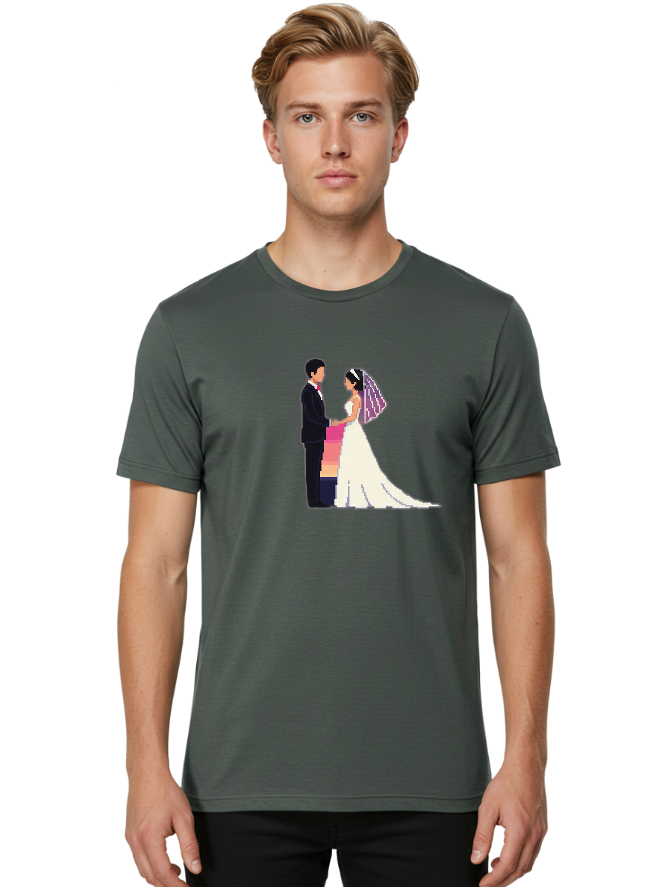 Bride-And-Groom Men'S Graphic Tee, 100% Cotton, Comfortable Casual Summer Wear, Machine Washable, Bride And Groom, Wedding Couple, Love, Romance, Happy Marriage, Newlyweds, Wedding Illustration, Cartoon Couple, Holding Hands, Wedding Dress, Baa221