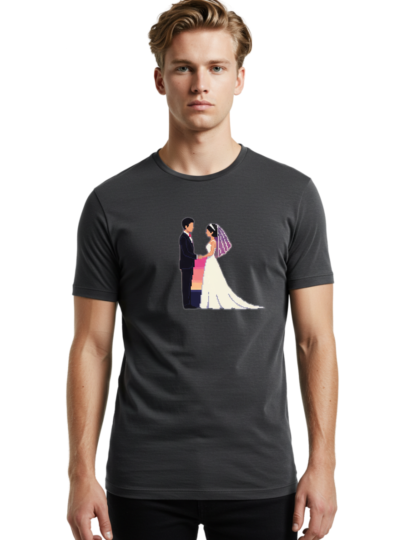 Bride-And-Groom Men'S Graphic Tee, 100% Cotton, Comfortable Casual Summer Wear, Machine Washable, Bride And Groom, Wedding Couple, Love, Romance, Happy Marriage, Newlyweds, Wedding Illustration, Cartoon Couple, Holding Hands, Wedding Dress, Baa221