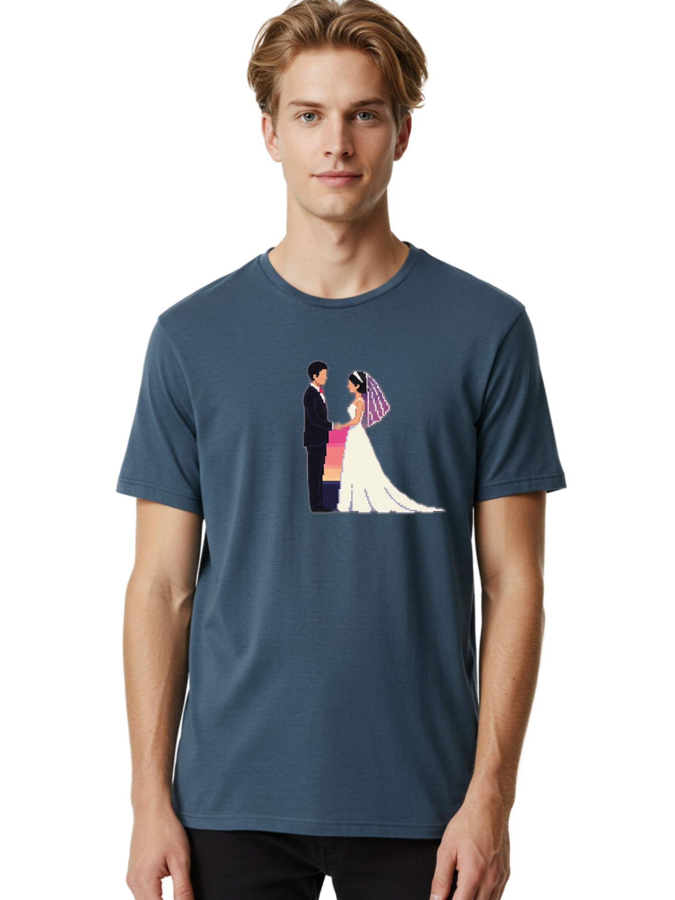 Bride-And-Groom Men'S Graphic Tee, 100% Cotton, Comfortable Casual Summer Wear, Machine Washable, Bride And Groom, Wedding Couple, Love, Romance, Happy Marriage, Newlyweds, Wedding Illustration, Cartoon Couple, Holding Hands, Wedding Dress, Baa221