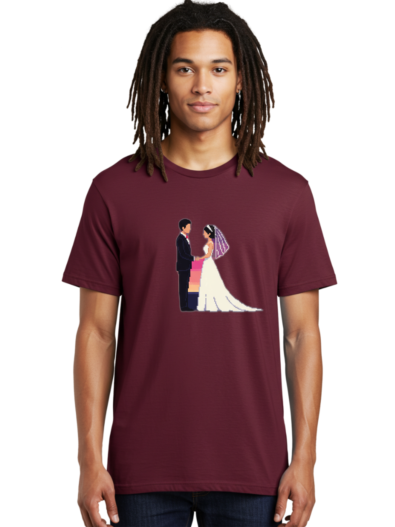 Bride-And-Groom Men'S Graphic Tee, 100% Cotton, Comfortable Casual Summer Wear, Machine Washable, Bride And Groom, Wedding Couple, Love, Romance, Happy Marriage, Newlyweds, Wedding Illustration, Cartoon Couple, Holding Hands, Wedding Dress, Baa221