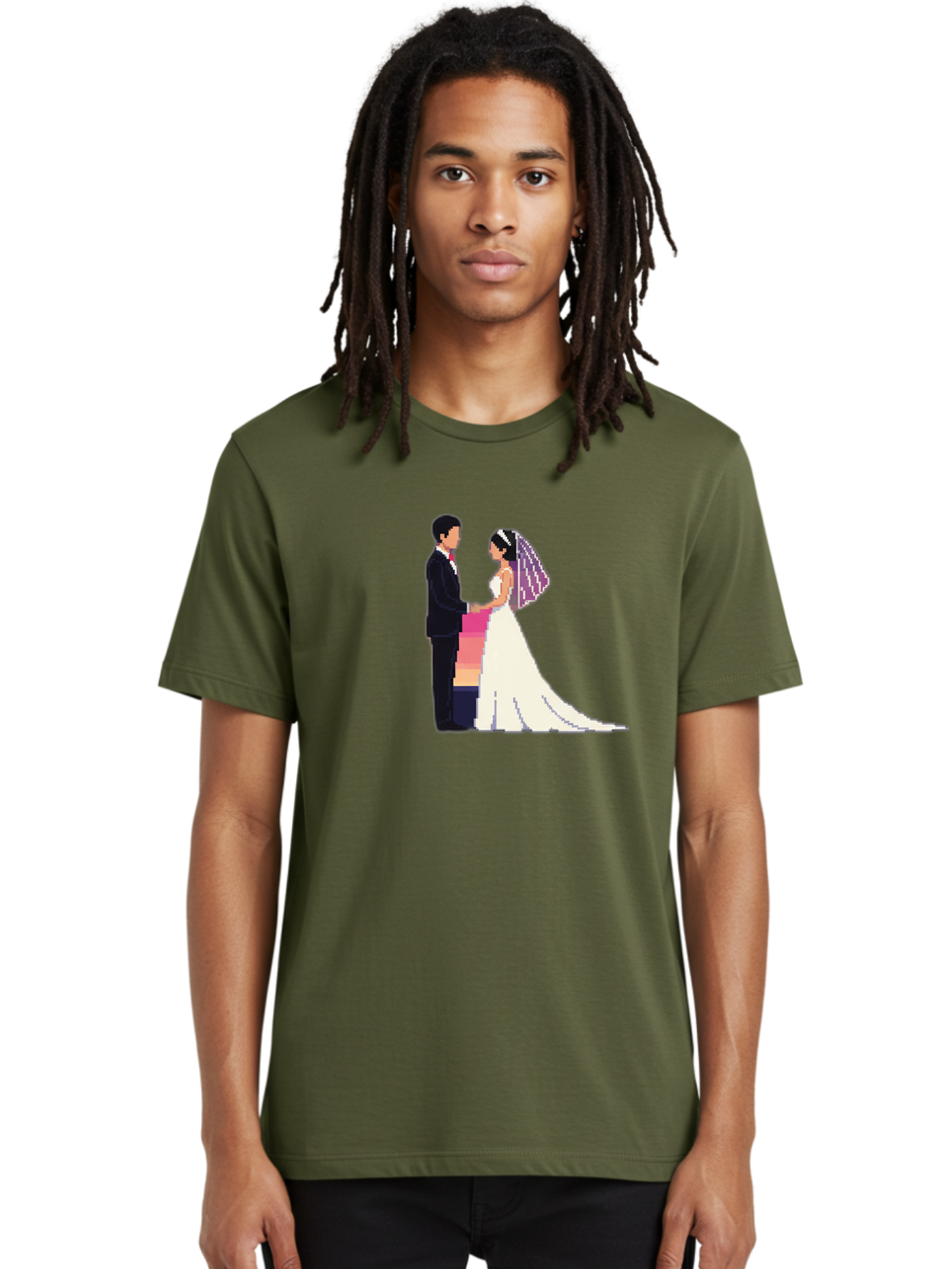 Bride-And-Groom Men'S Graphic Tee, 100% Cotton, Comfortable Casual Summer Wear, Machine Washable, Bride And Groom, Wedding Couple, Love, Romance, Happy Marriage, Newlyweds, Wedding Illustration, Cartoon Couple, Holding Hands, Wedding Dress, Baa221