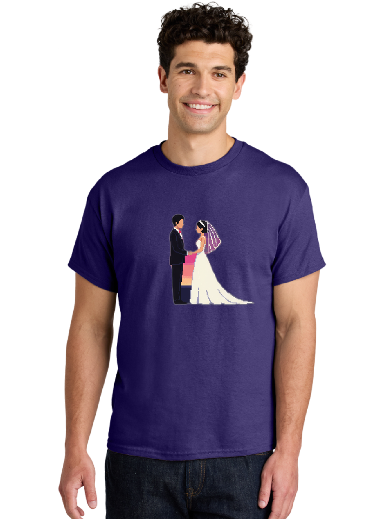 Bride-And-Groom Men'S Graphic Tee, 100% Cotton, Comfortable Casual Summer Wear, Machine Washable, Bride And Groom, Wedding Couple, Love, Romance, Happy Marriage, Newlyweds, Wedding Illustration, Cartoon Couple, Holding Hands, Wedding Dress, Baa221