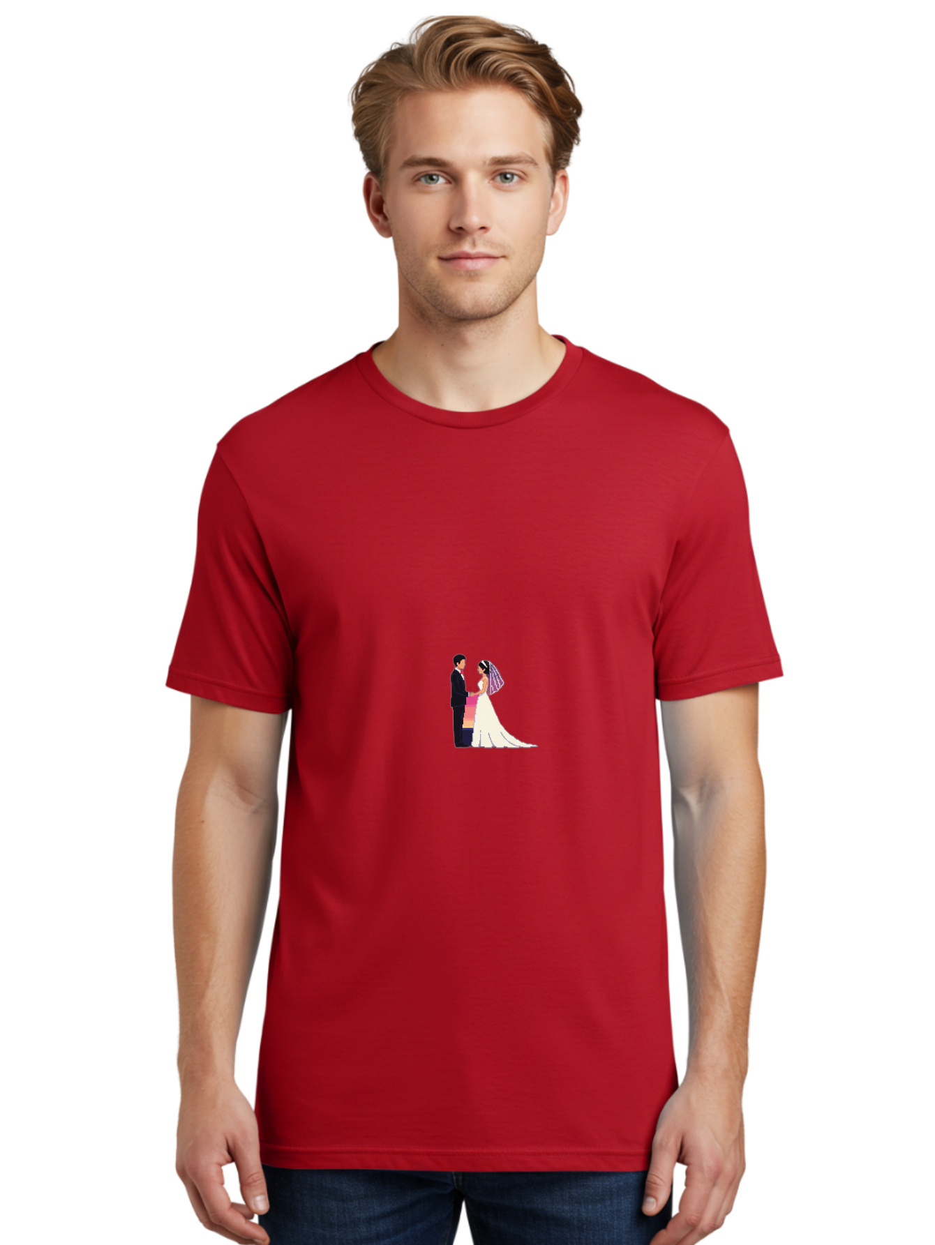 Bride-And-Groom Men'S Graphic Tee, 100% Cotton, Comfortable Casual Summer Wear, Machine Washable, Bride And Groom, Wedding Couple, Love, Romance, Happy Marriage, Newlyweds, Wedding Illustration, Cartoon Couple, Holding Hands, Wedding Dress, Baa221