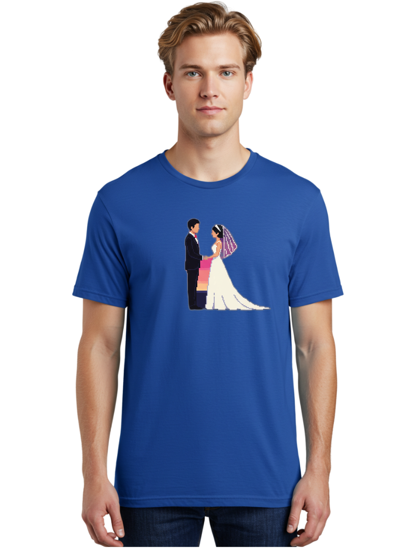 Bride-And-Groom Men'S Graphic Tee, 100% Cotton, Comfortable Casual Summer Wear, Machine Washable, Bride And Groom, Wedding Couple, Love, Romance, Happy Marriage, Newlyweds, Wedding Illustration, Cartoon Couple, Holding Hands, Wedding Dress, Baa221
