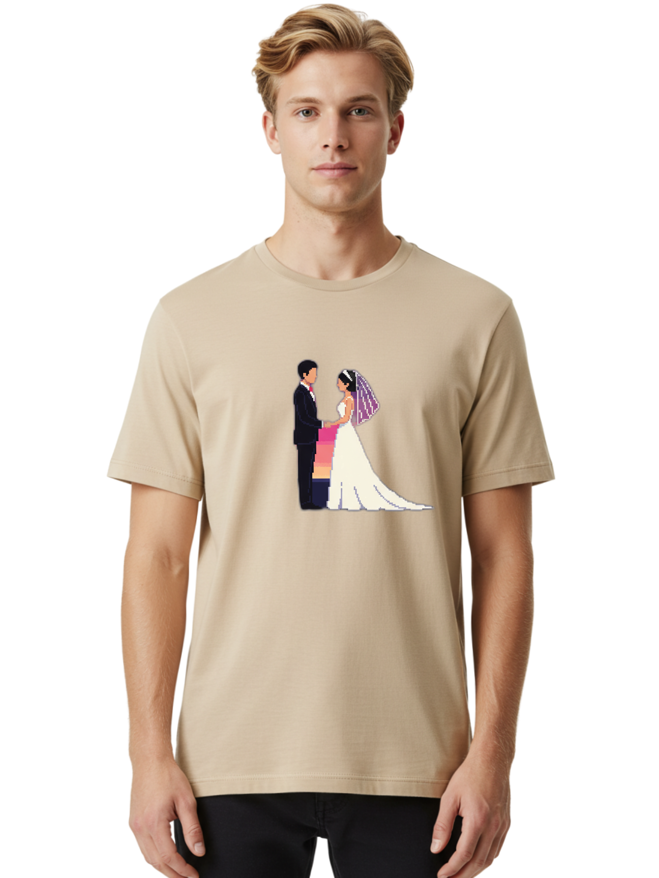 Bride-And-Groom Men'S Graphic Tee, 100% Cotton, Comfortable Casual Summer Wear, Machine Washable, Bride And Groom, Wedding Couple, Love, Romance, Happy Marriage, Newlyweds, Wedding Illustration, Cartoon Couple, Holding Hands, Wedding Dress, Baa221