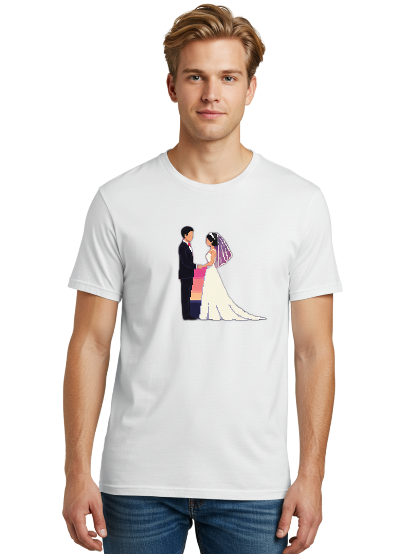 Bride-And-Groom Men'S Graphic Tee, 100% Cotton, Comfortable Casual Summer Wear, Machine Washable, Bride And Groom, Wedding Couple, Love, Romance, Happy Marriage, Newlyweds, Wedding Illustration, Cartoon Couple, Holding Hands, Wedding Dress, Baa221