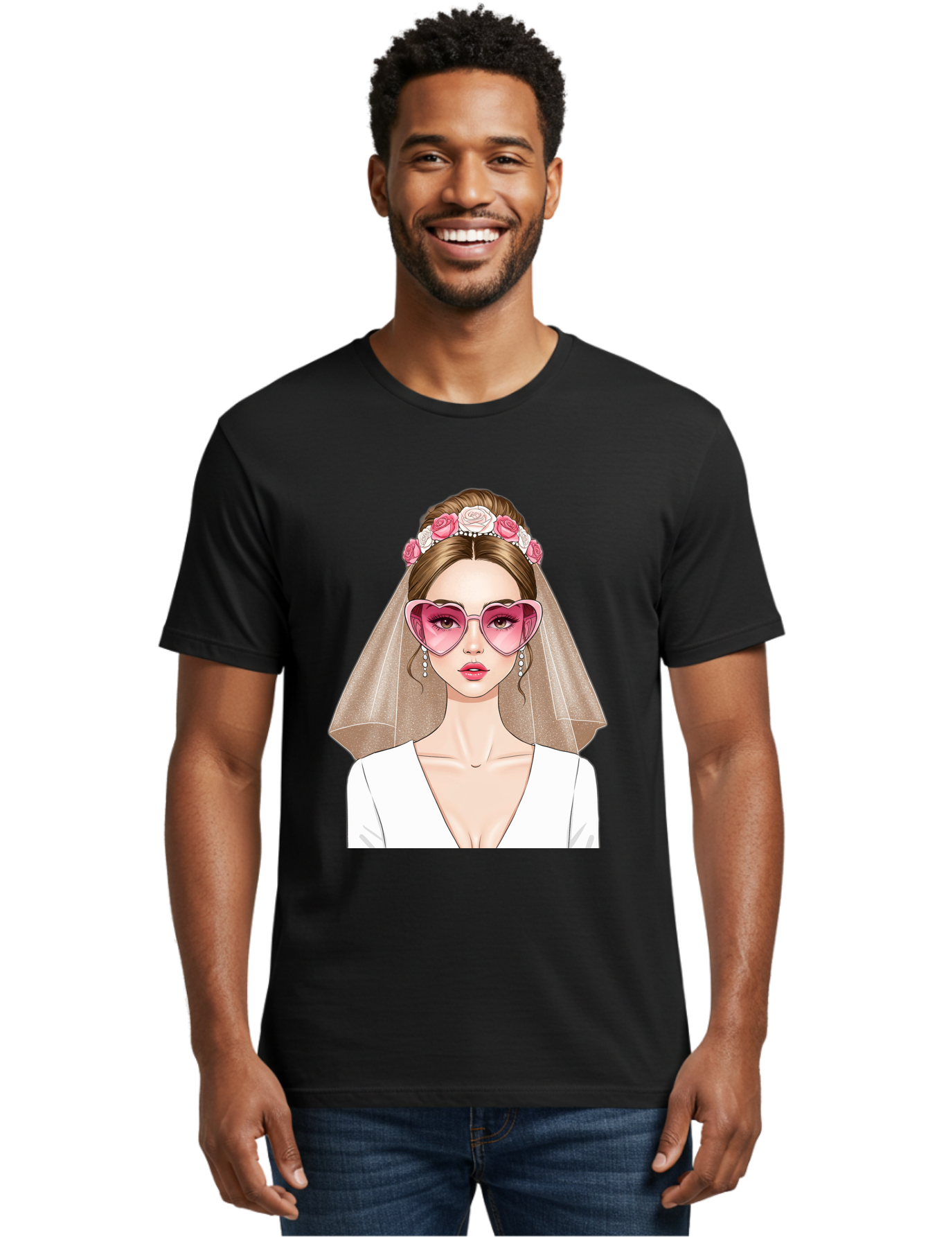 Bride-Fashion Men'S Graphic Tee, 100% Cotton, Comfortable Casual Summer Wear, Machine Washable, Bride With Veil, Heart-Shaped Sunglasses, Floral Hairpiece, White Wedding Dress, Stylish Accessories, Fashionable Wedding Attire, Chic Bridal Look, Baa223