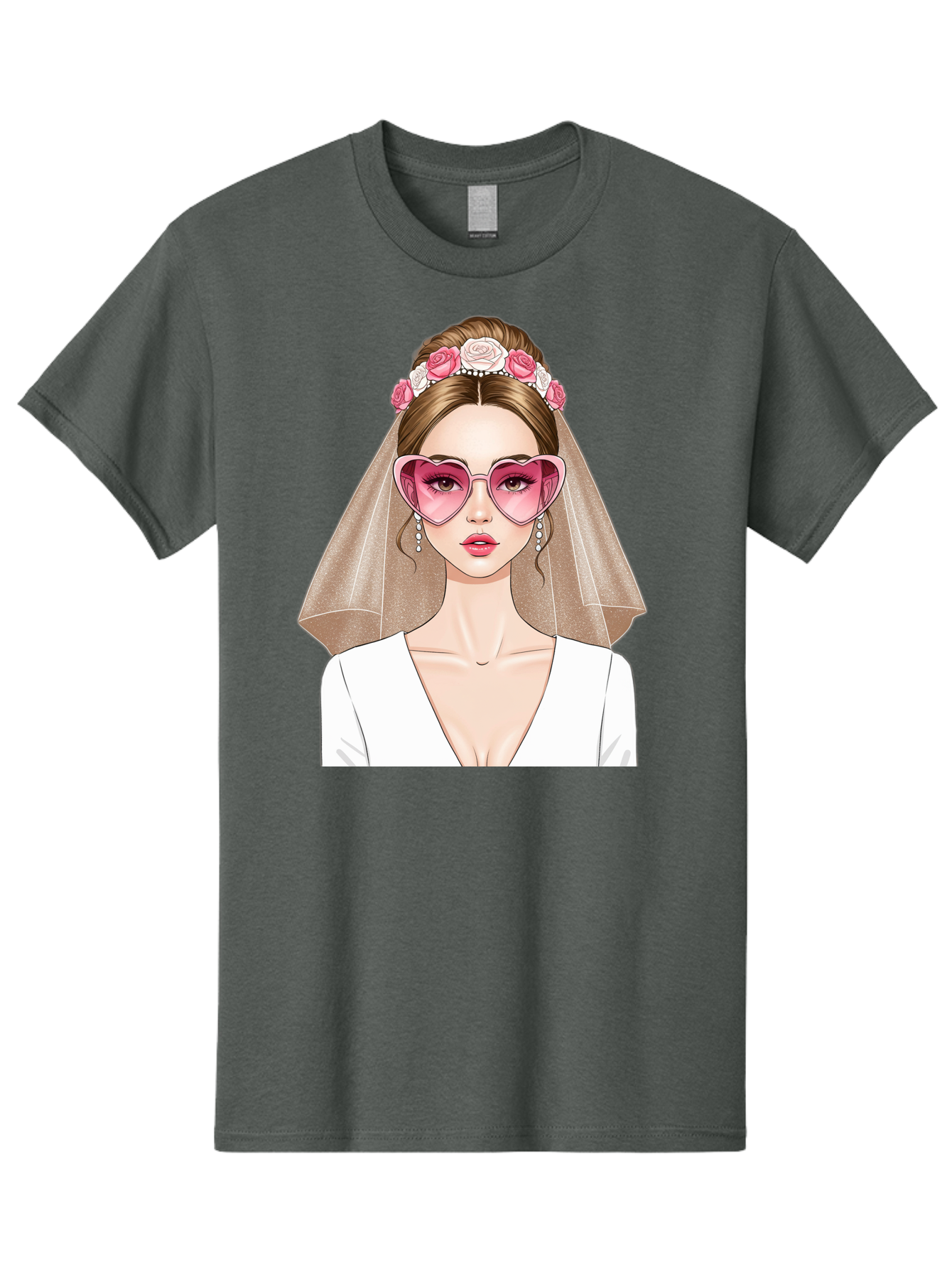 Bride-Fashion Men'S Graphic Tee, 100% Cotton, Comfortable Casual Summer Wear, Machine Washable, Bride With Veil, Heart-Shaped Sunglasses, Floral Hairpiece, White Wedding Dress, Stylish Accessories, Fashionable Wedding Attire, Chic Bridal Look, Baa223