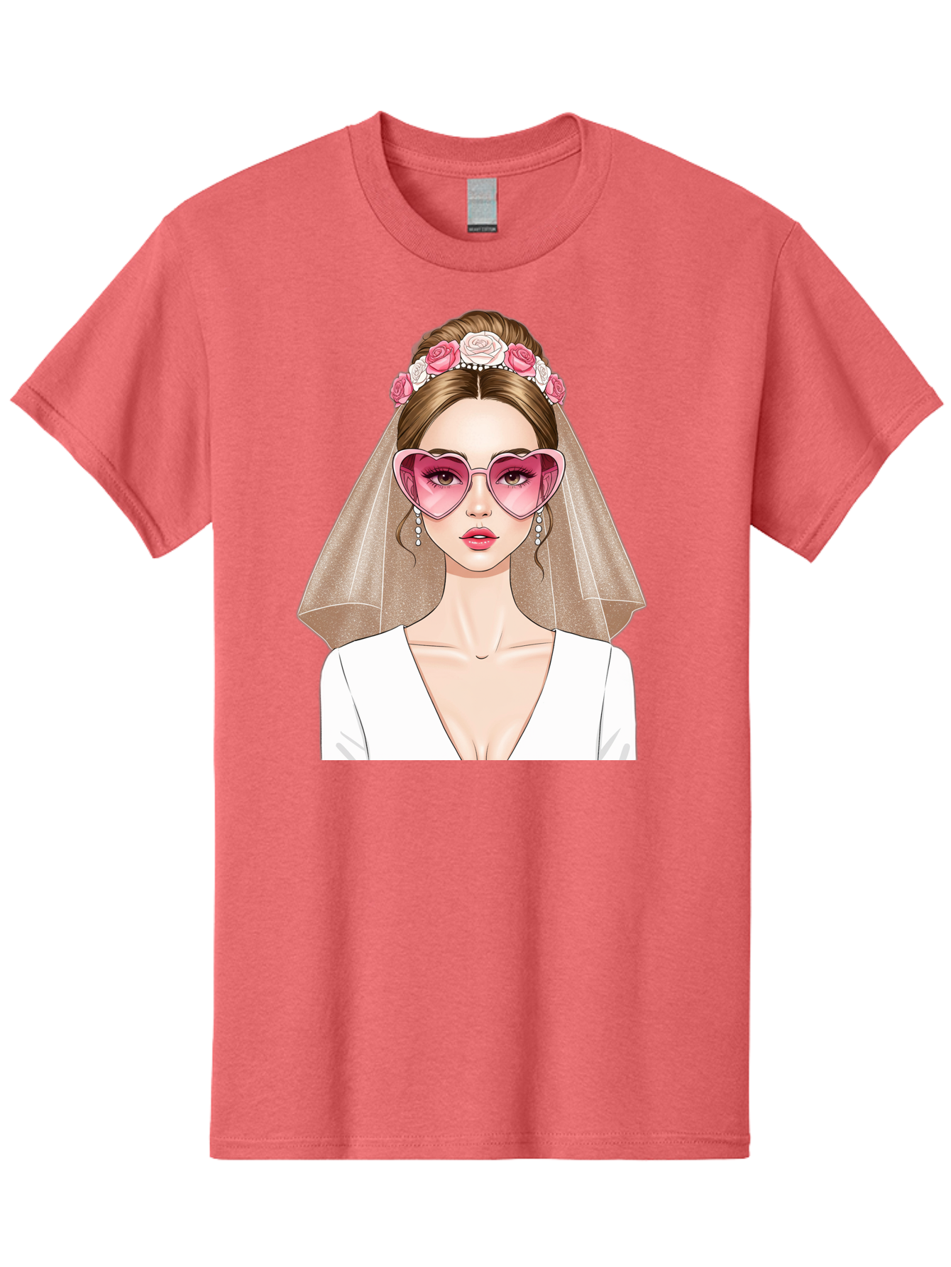 Bride-Fashion Men'S Graphic Tee, 100% Cotton, Comfortable Casual Summer Wear, Machine Washable, Bride With Veil, Heart-Shaped Sunglasses, Floral Hairpiece, White Wedding Dress, Stylish Accessories, Fashionable Wedding Attire, Chic Bridal Look, Baa223