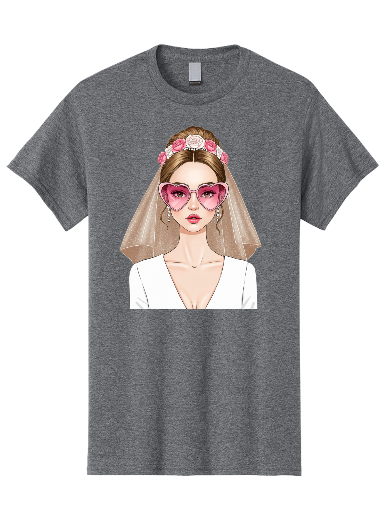 Bride-Fashion Men'S Graphic Tee, 100% Cotton, Comfortable Casual Summer Wear, Machine Washable, Bride With Veil, Heart-Shaped Sunglasses, Floral Hairpiece, White Wedding Dress, Stylish Accessories, Fashionable Wedding Attire, Chic Bridal Look, Baa223
