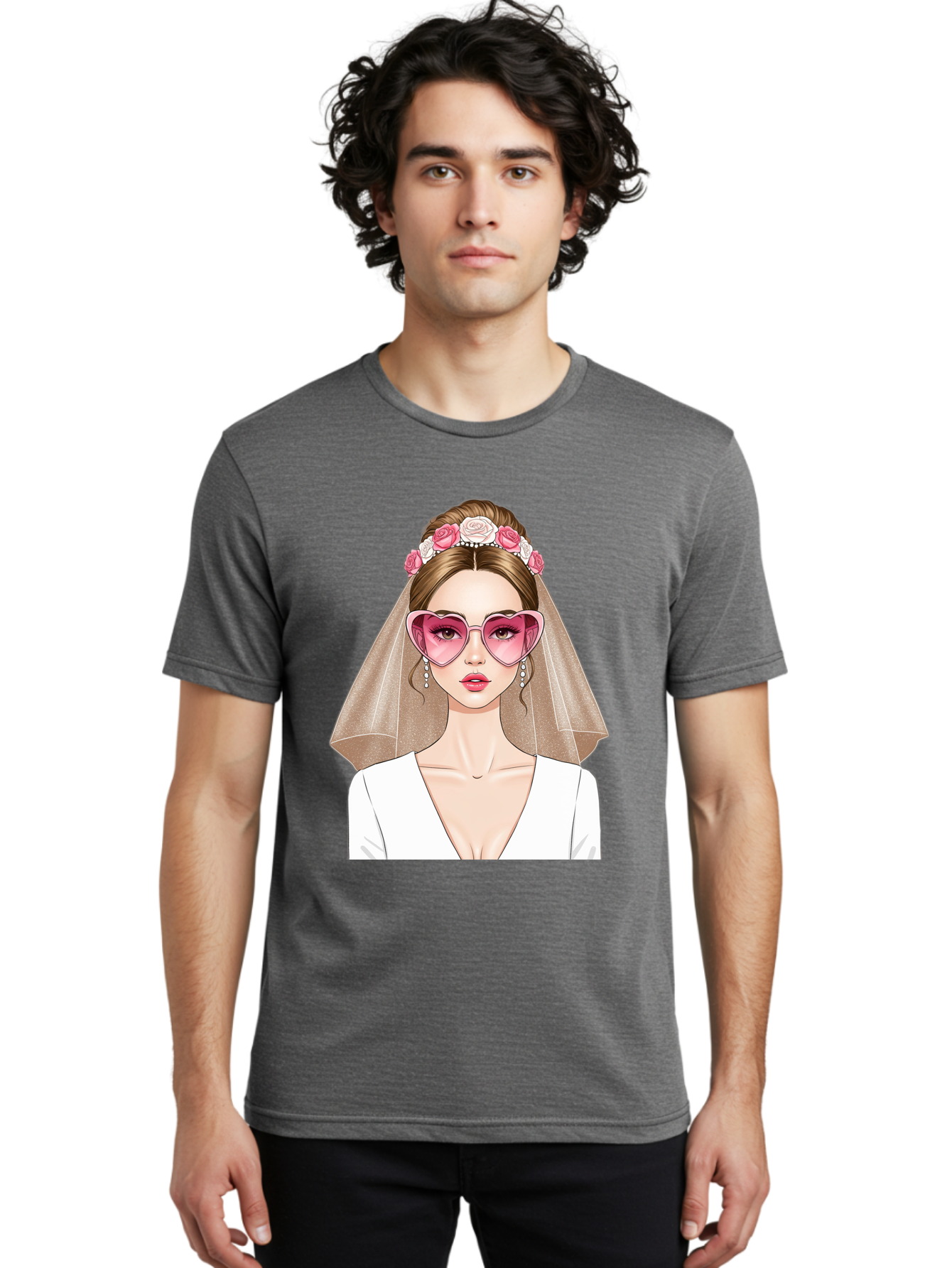 Bride-Fashion Men'S Graphic Tee, 100% Cotton, Comfortable Casual Summer Wear, Machine Washable, Bride With Veil, Heart-Shaped Sunglasses, Floral Hairpiece, White Wedding Dress, Stylish Accessories, Fashionable Wedding Attire, Chic Bridal Look, Baa223