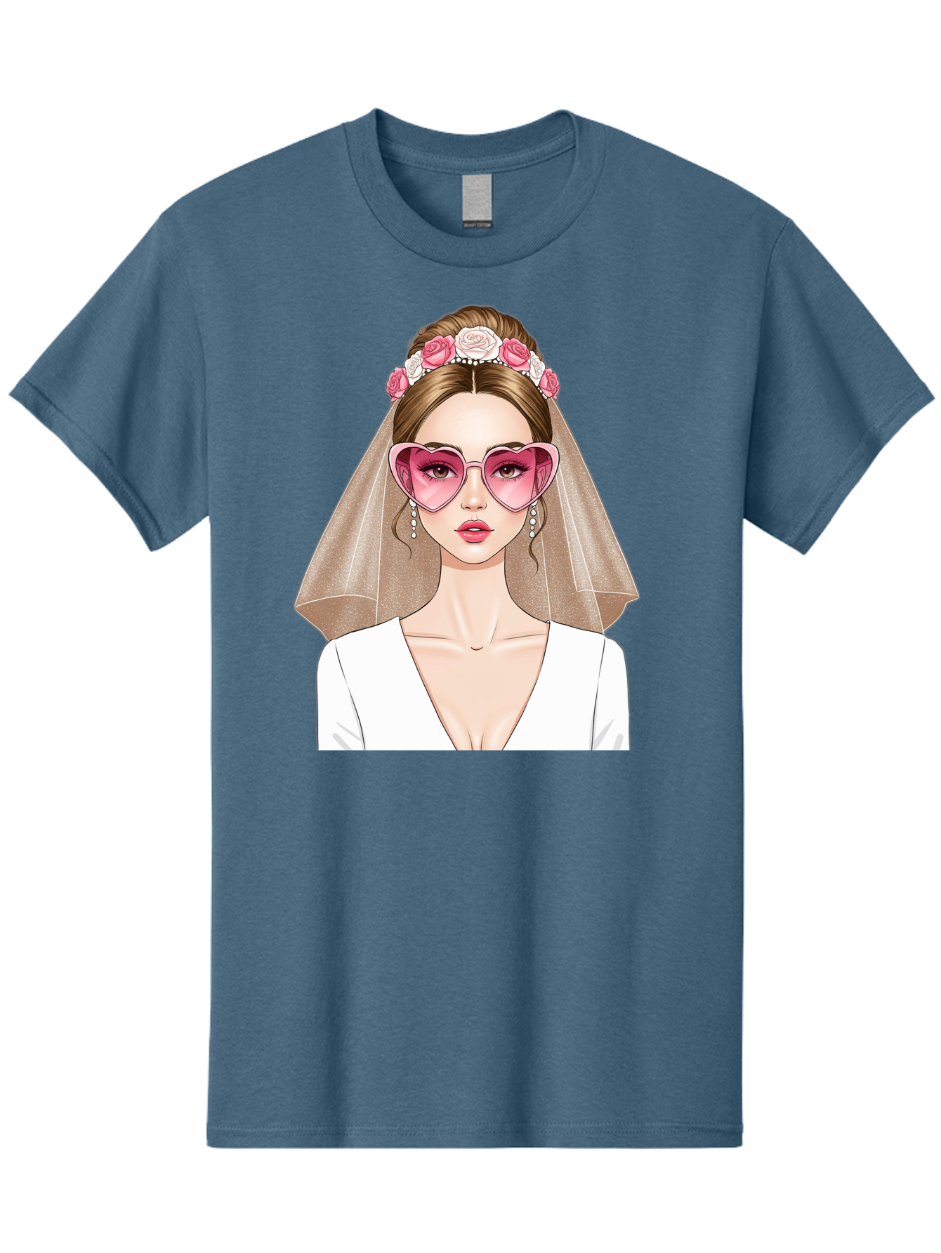 Bride-Fashion Men'S Graphic Tee, 100% Cotton, Comfortable Casual Summer Wear, Machine Washable, Bride With Veil, Heart-Shaped Sunglasses, Floral Hairpiece, White Wedding Dress, Stylish Accessories, Fashionable Wedding Attire, Chic Bridal Look, Baa223