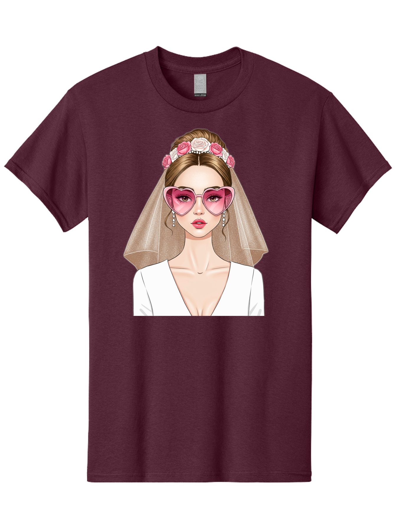 Bride-Fashion Men'S Graphic Tee, 100% Cotton, Comfortable Casual Summer Wear, Machine Washable, Bride With Veil, Heart-Shaped Sunglasses, Floral Hairpiece, White Wedding Dress, Stylish Accessories, Fashionable Wedding Attire, Chic Bridal Look, Baa223