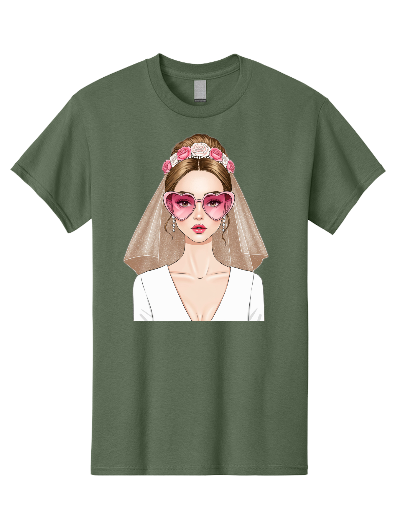 Bride-Fashion Men'S Graphic Tee, 100% Cotton, Comfortable Casual Summer Wear, Machine Washable, Bride With Veil, Heart-Shaped Sunglasses, Floral Hairpiece, White Wedding Dress, Stylish Accessories, Fashionable Wedding Attire, Chic Bridal Look, Baa223