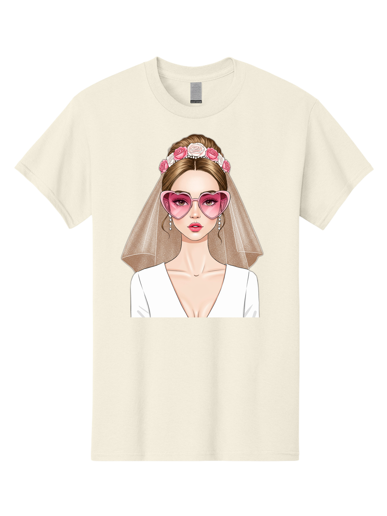 Bride-Fashion Men'S Graphic Tee, 100% Cotton, Comfortable Casual Summer Wear, Machine Washable, Bride With Veil, Heart-Shaped Sunglasses, Floral Hairpiece, White Wedding Dress, Stylish Accessories, Fashionable Wedding Attire, Chic Bridal Look, Baa223