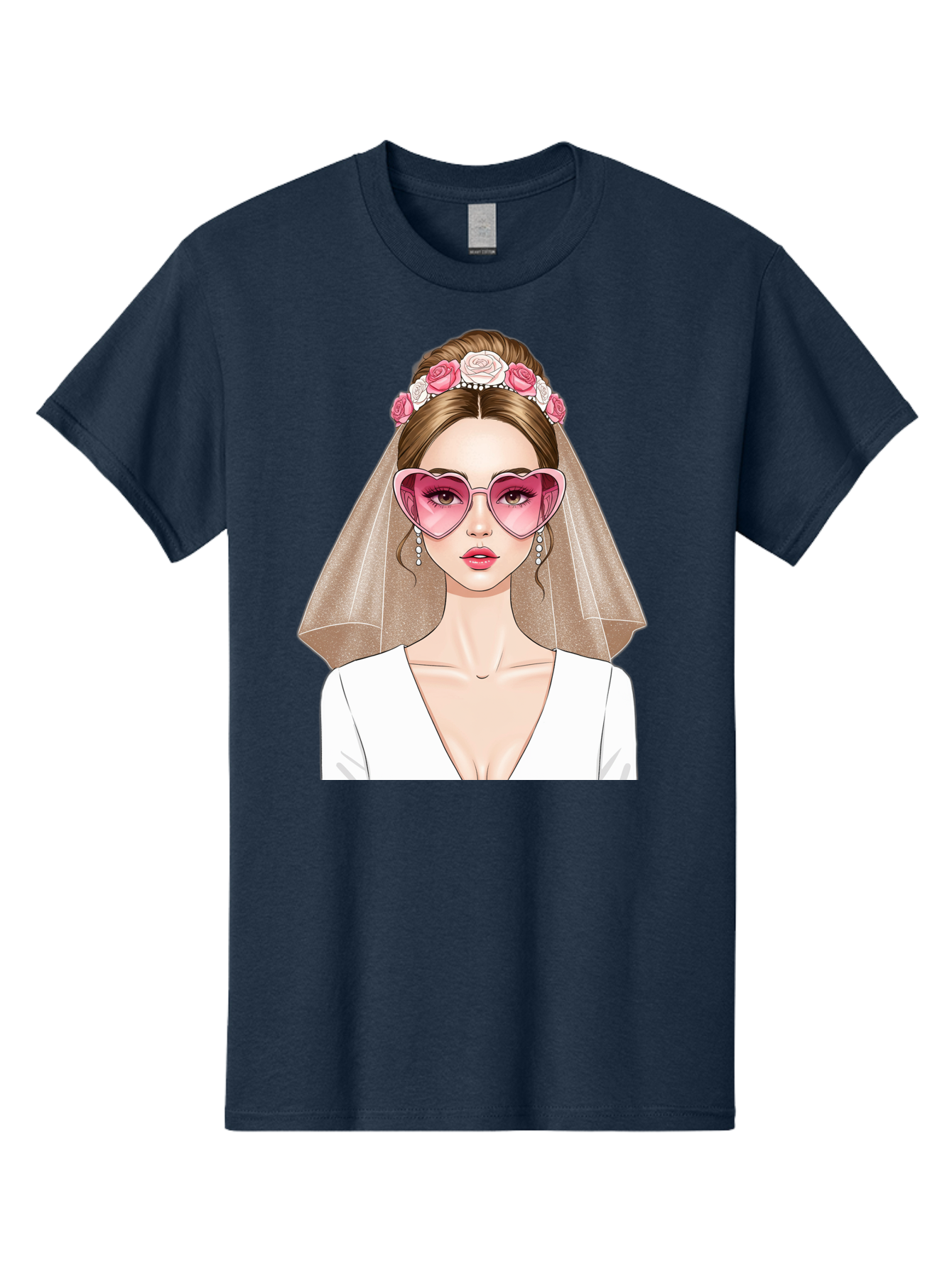 Bride-Fashion Men'S Graphic Tee, 100% Cotton, Comfortable Casual Summer Wear, Machine Washable, Bride With Veil, Heart-Shaped Sunglasses, Floral Hairpiece, White Wedding Dress, Stylish Accessories, Fashionable Wedding Attire, Chic Bridal Look, Baa223