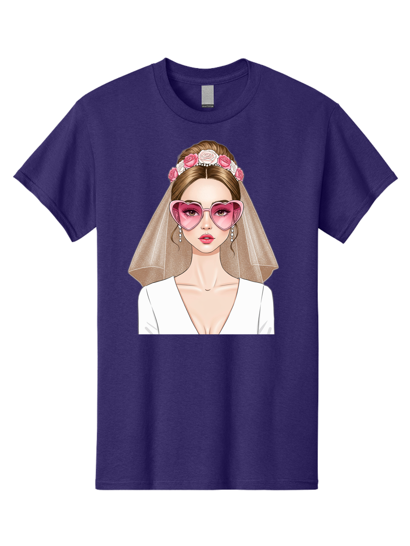 Bride-Fashion Men'S Graphic Tee, 100% Cotton, Comfortable Casual Summer Wear, Machine Washable, Bride With Veil, Heart-Shaped Sunglasses, Floral Hairpiece, White Wedding Dress, Stylish Accessories, Fashionable Wedding Attire, Chic Bridal Look, Baa223