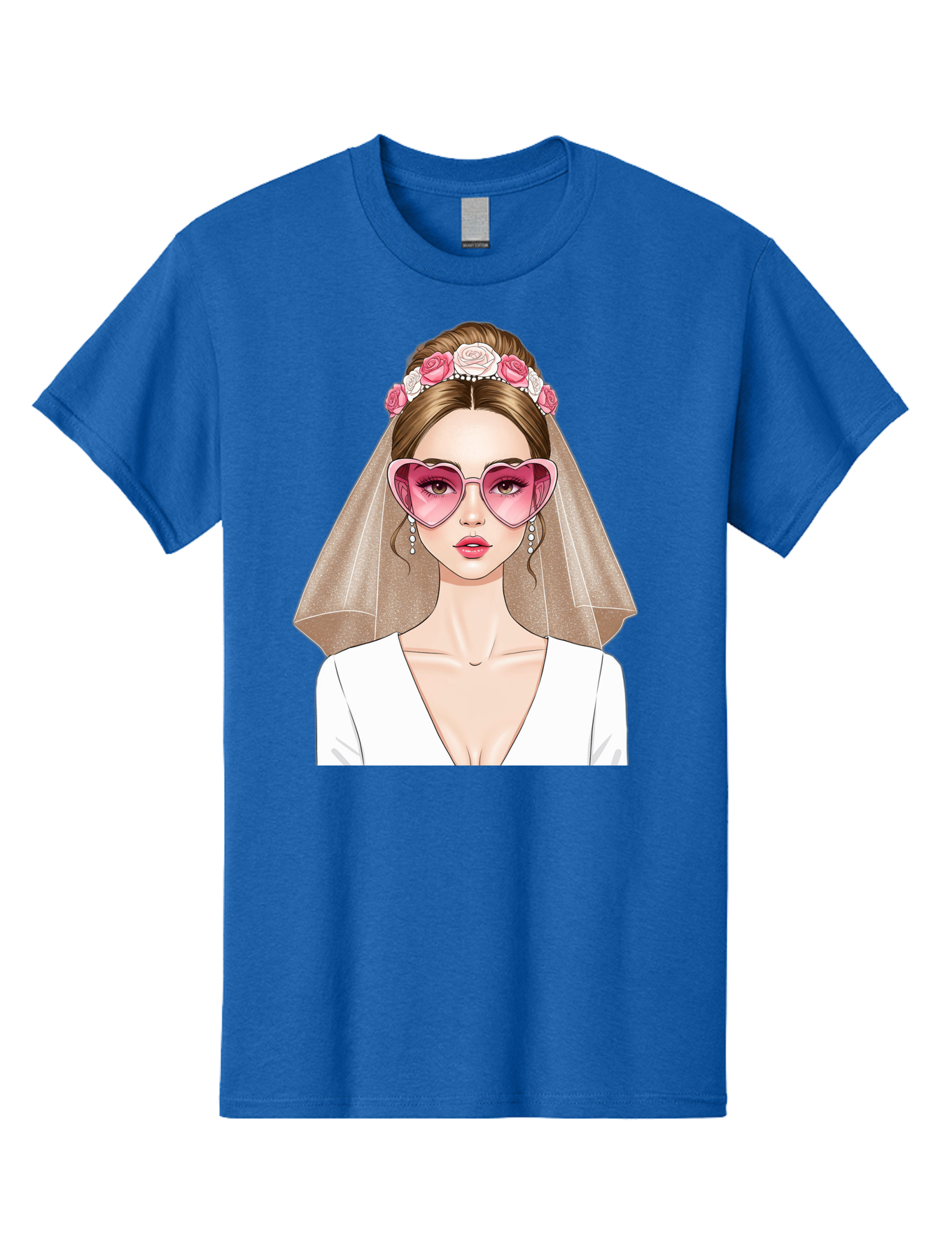 Bride-Fashion Men'S Graphic Tee, 100% Cotton, Comfortable Casual Summer Wear, Machine Washable, Bride With Veil, Heart-Shaped Sunglasses, Floral Hairpiece, White Wedding Dress, Stylish Accessories, Fashionable Wedding Attire, Chic Bridal Look, Baa223