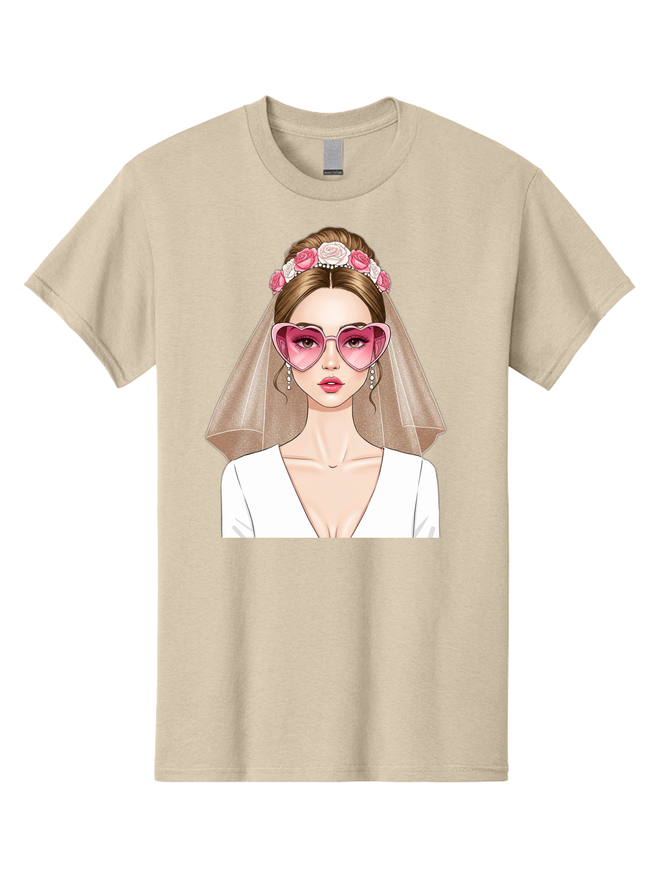 Bride-Fashion Men'S Graphic Tee, 100% Cotton, Comfortable Casual Summer Wear, Machine Washable, Bride With Veil, Heart-Shaped Sunglasses, Floral Hairpiece, White Wedding Dress, Stylish Accessories, Fashionable Wedding Attire, Chic Bridal Look, Baa223