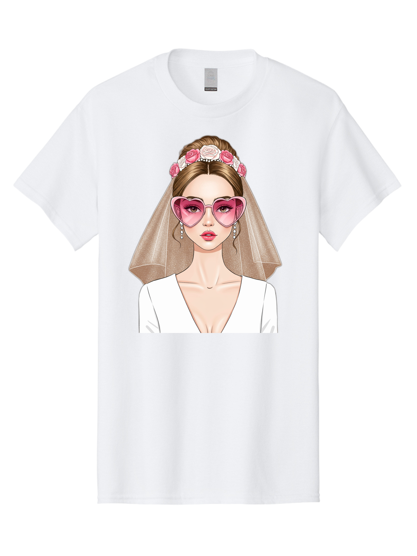 Bride-Fashion Men'S Graphic Tee, 100% Cotton, Comfortable Casual Summer Wear, Machine Washable, Bride With Veil, Heart-Shaped Sunglasses, Floral Hairpiece, White Wedding Dress, Stylish Accessories, Fashionable Wedding Attire, Chic Bridal Look, Baa223