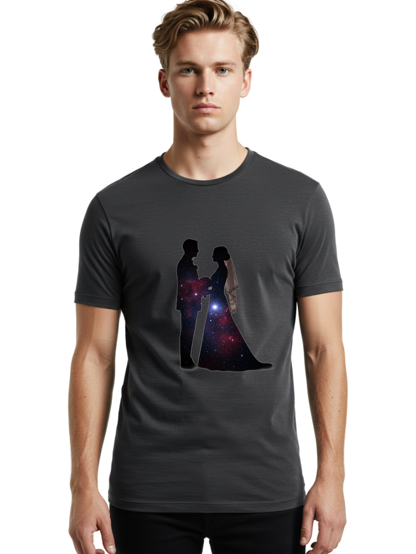 Bride-Groom-Silhouette Men'S Graphic Tee, 100% Cotton, Comfortable Casual Summer Wear, Machine Washable, Bride And Groom Silhouettes, Galaxy Inside Wedding Couple, Starry Night, Love Story, Wedding Vows, Celestial Romance, Eternity, Stars, Baa224