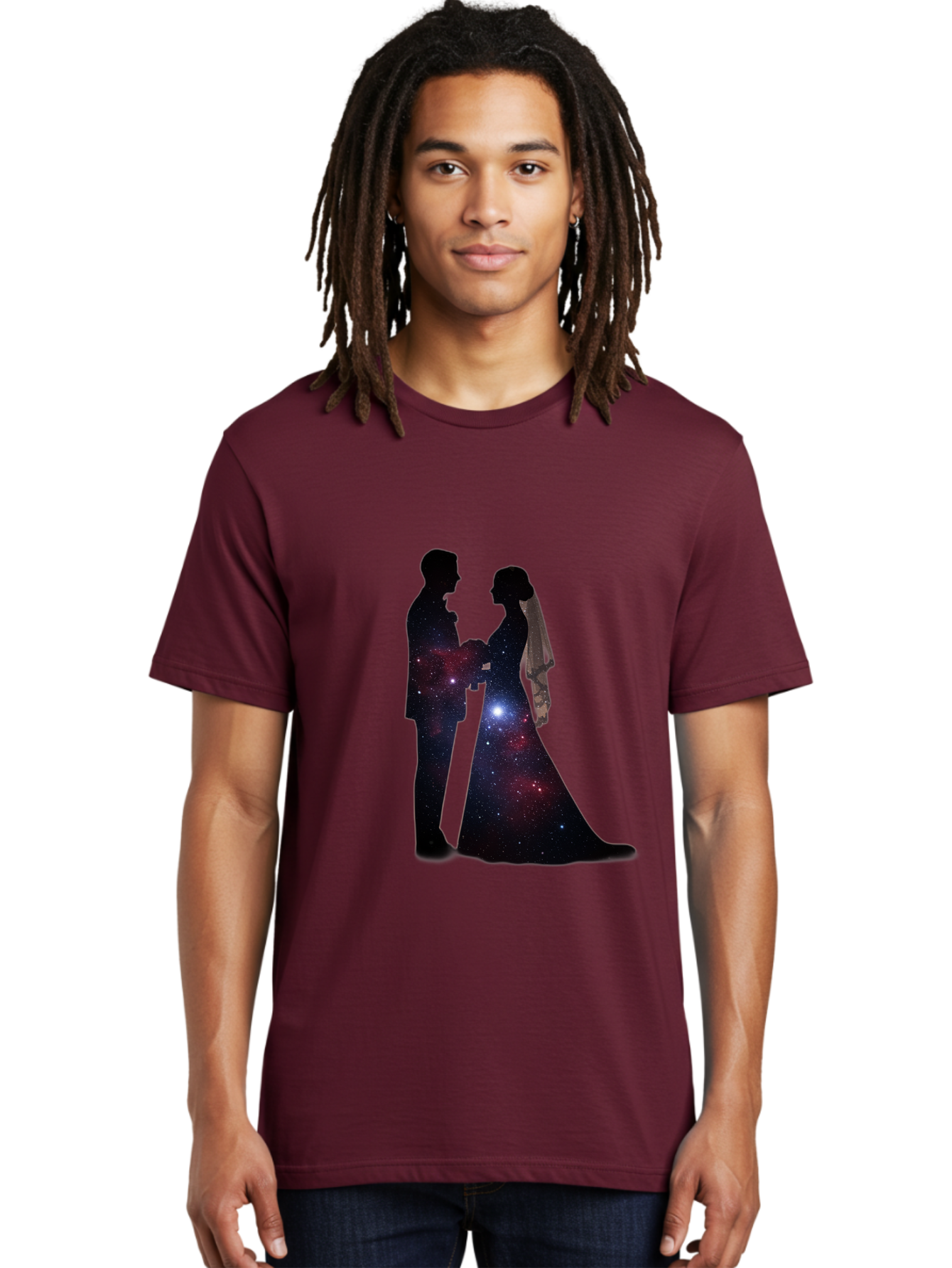 Bride-Groom-Silhouette Men'S Graphic Tee, 100% Cotton, Comfortable Casual Summer Wear, Machine Washable, Bride And Groom Silhouettes, Galaxy Inside Wedding Couple, Starry Night, Love Story, Wedding Vows, Celestial Romance, Eternity, Stars, Baa224