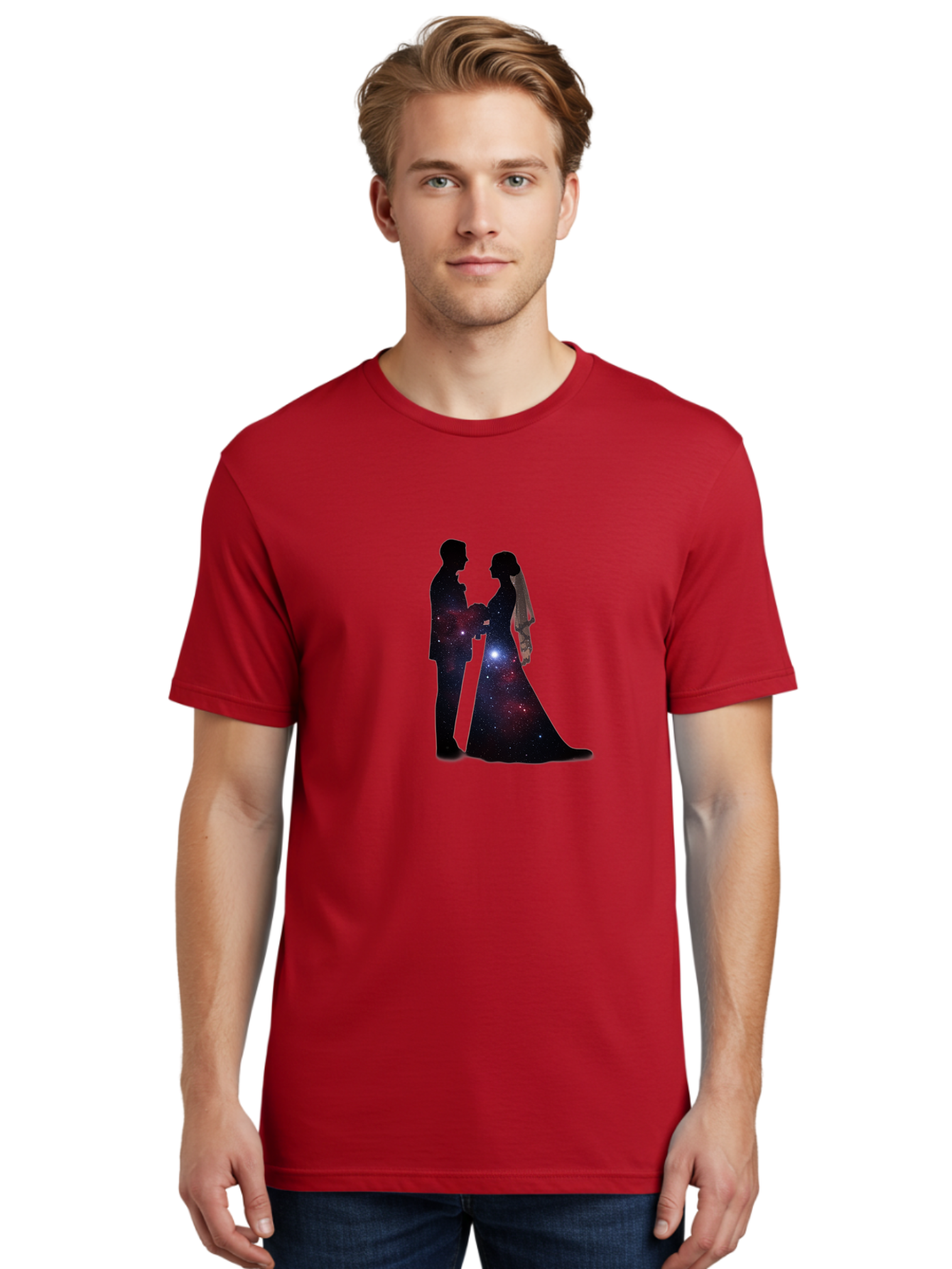 Bride-Groom-Silhouette Men'S Graphic Tee, 100% Cotton, Comfortable Casual Summer Wear, Machine Washable, Bride And Groom Silhouettes, Galaxy Inside Wedding Couple, Starry Night, Love Story, Wedding Vows, Celestial Romance, Eternity, Stars, Baa224