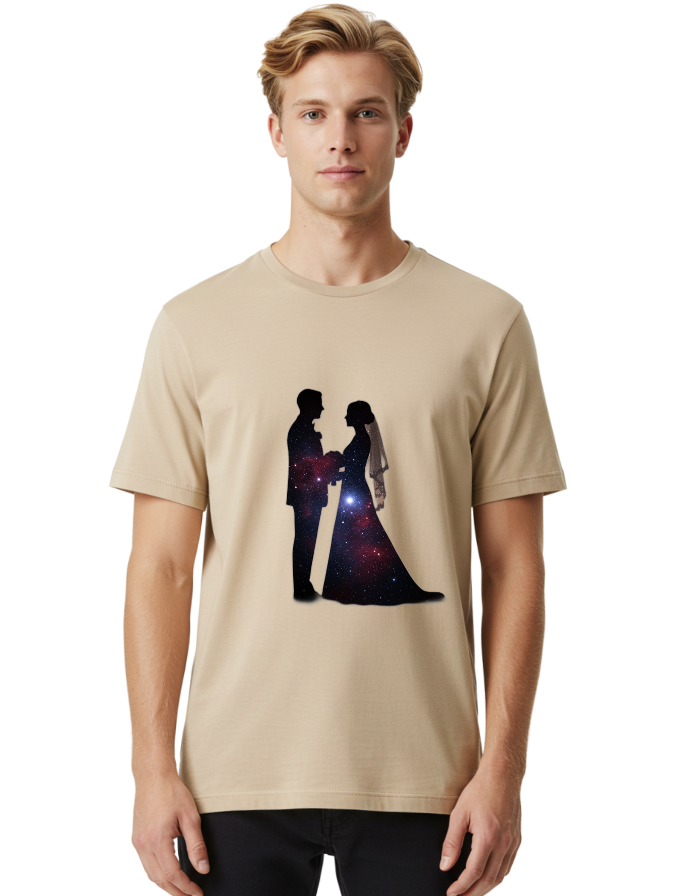 Bride-Groom-Silhouette Men'S Graphic Tee, 100% Cotton, Comfortable Casual Summer Wear, Machine Washable, Bride And Groom Silhouettes, Galaxy Inside Wedding Couple, Starry Night, Love Story, Wedding Vows, Celestial Romance, Eternity, Stars, Baa224