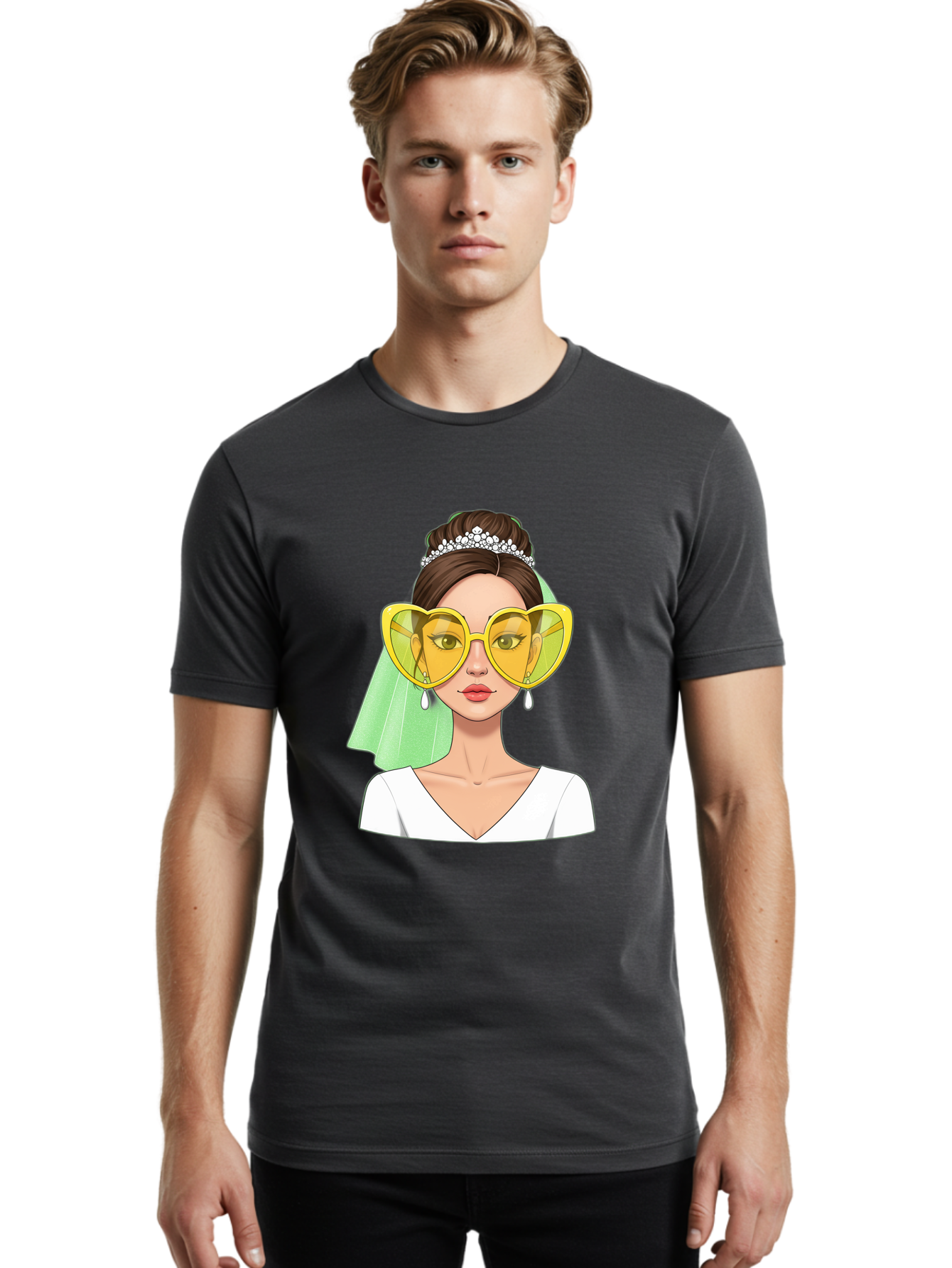 Bride-Heart-Sunglasses Men'S Graphic Tee, 100% Cotton, Comfortable Casual Summer Wear, Machine Washable, Bride With Heart-Shaped Sunglasses, Wedding Accessories, Fashionable Eyewear, Elegant Attire, Wedding Jewelry, Glamorous Look, Baa225