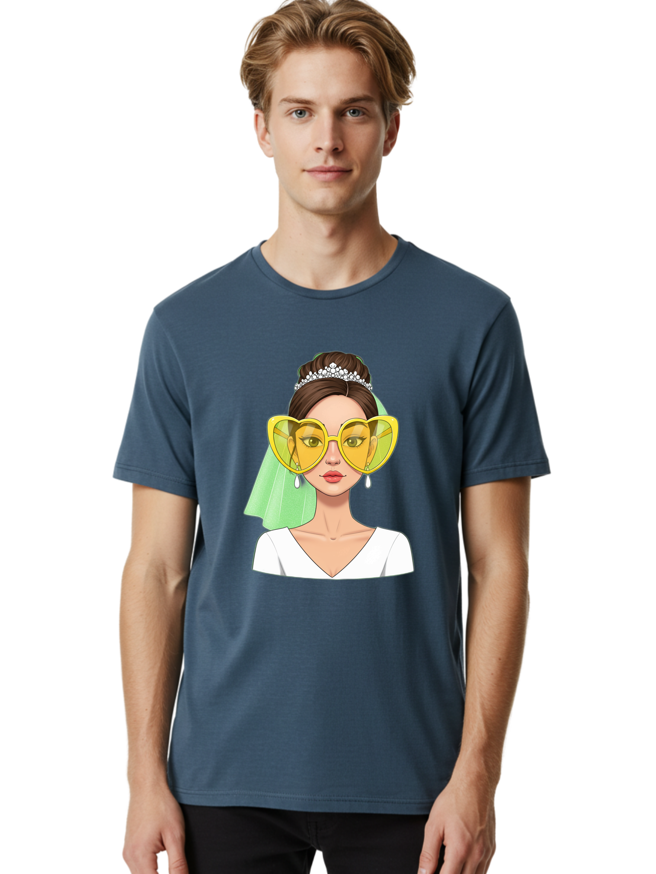 Bride-Heart-Sunglasses Men'S Graphic Tee, 100% Cotton, Comfortable Casual Summer Wear, Machine Washable, Bride With Heart-Shaped Sunglasses, Wedding Accessories, Fashionable Eyewear, Elegant Attire, Wedding Jewelry, Glamorous Look, Baa225