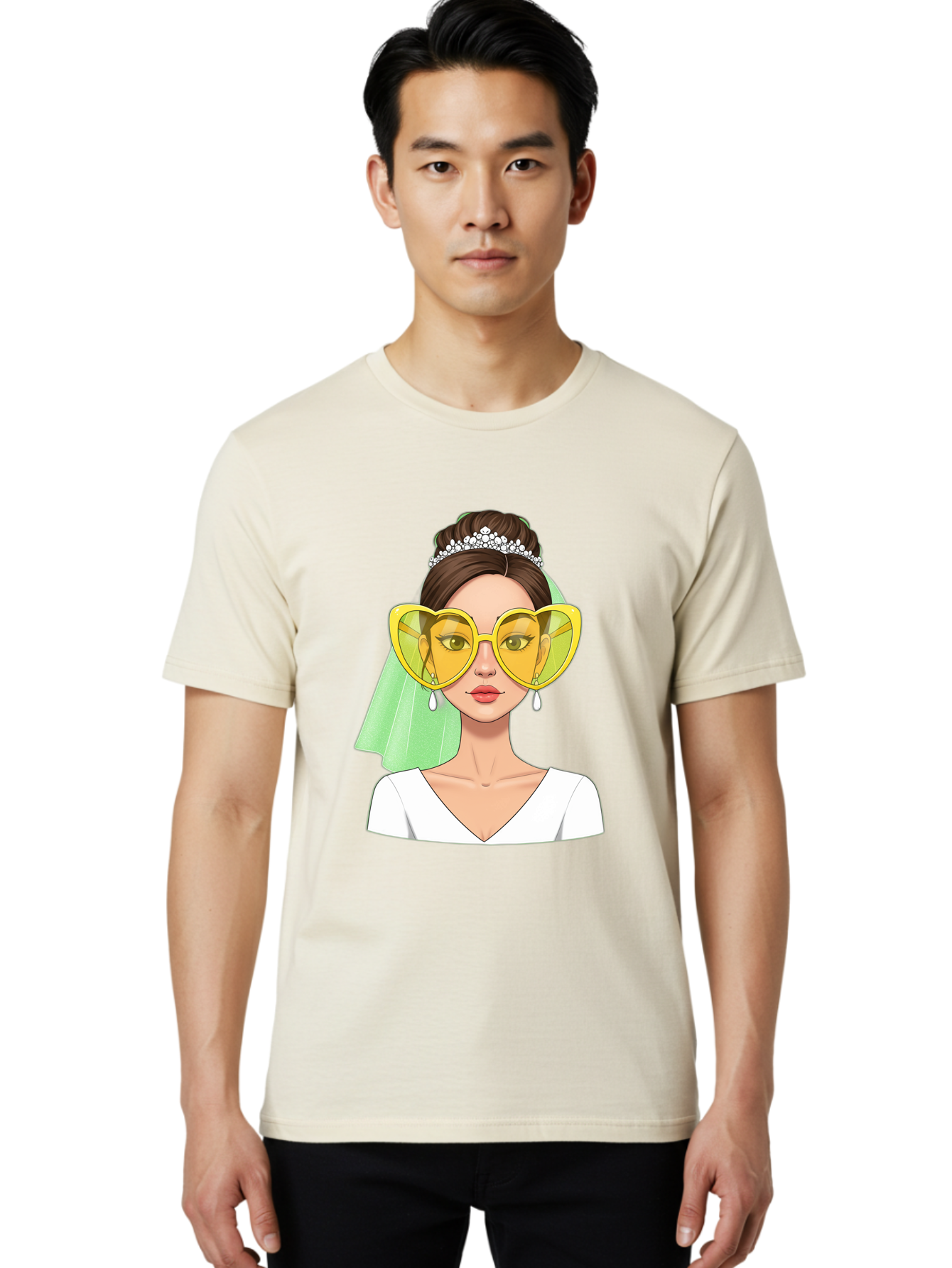Bride-Heart-Sunglasses Men'S Graphic Tee, 100% Cotton, Comfortable Casual Summer Wear, Machine Washable, Bride With Heart-Shaped Sunglasses, Wedding Accessories, Fashionable Eyewear, Elegant Attire, Wedding Jewelry, Glamorous Look, Baa225